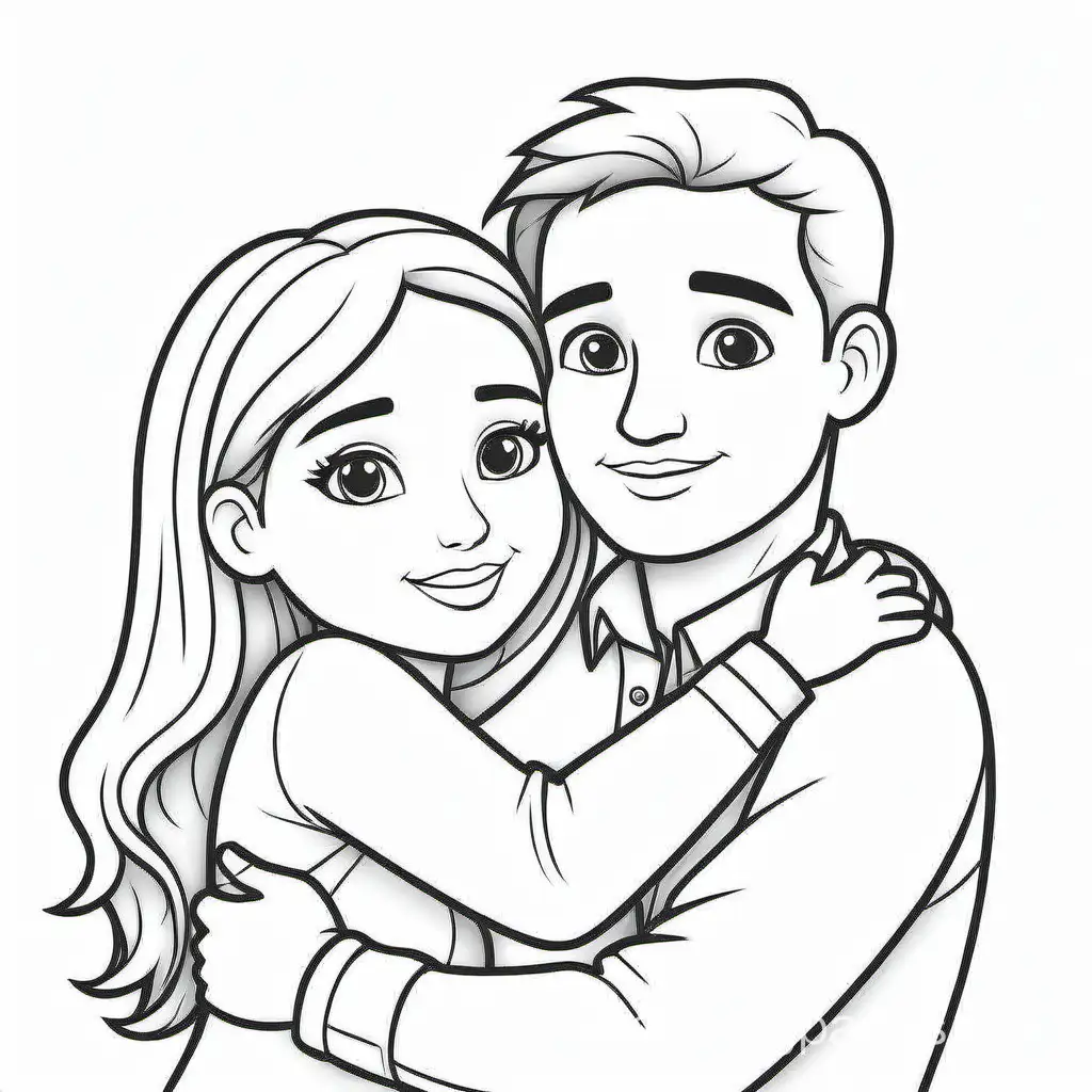 man and woman hugging cute, Coloring Page, black and white, line art, white background, Simplicity, Ample White Space. The background of the coloring page is plain white to make it easy for young children to color within the lines. The outlines of all the subjects are easy to distinguish, making it simple for kids to color without too much difficulty