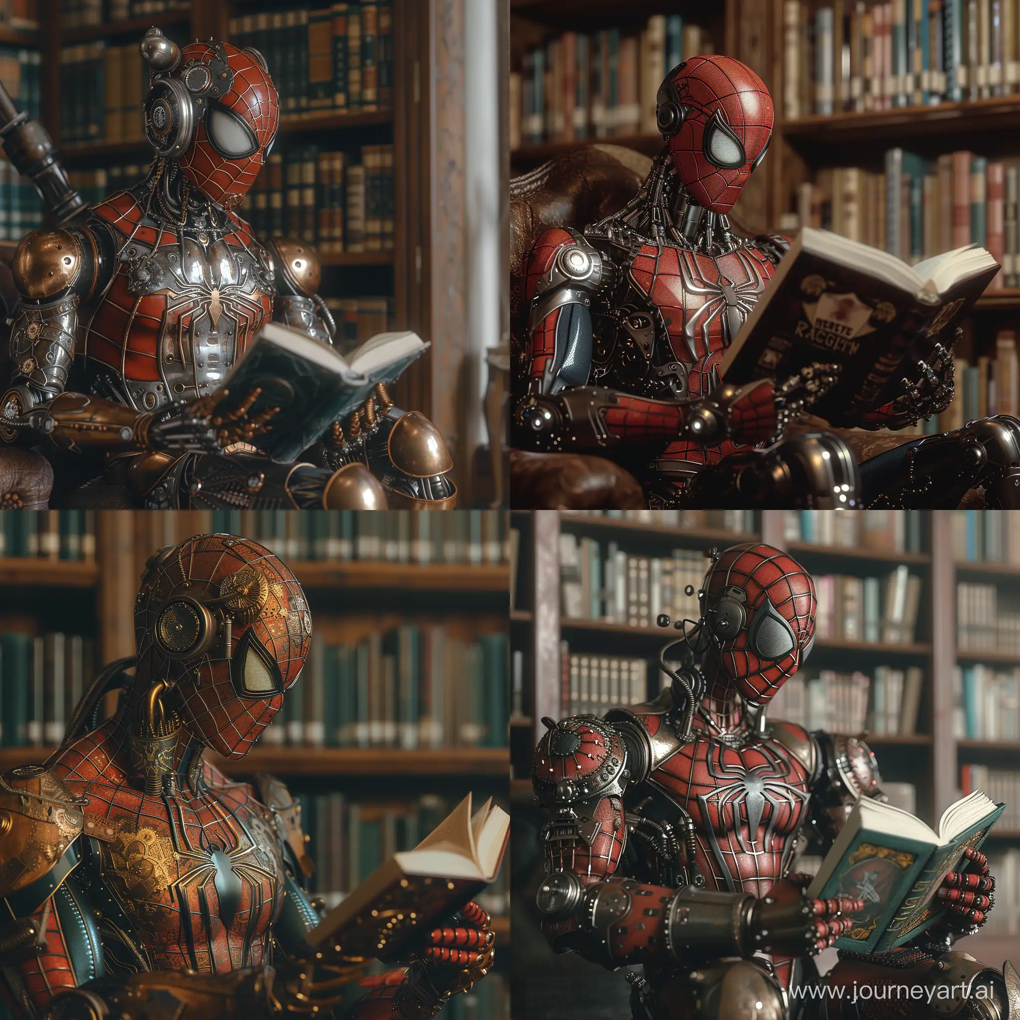 Steampunk-Spiderman-Robot-Engrossed-in-Book-at-Library