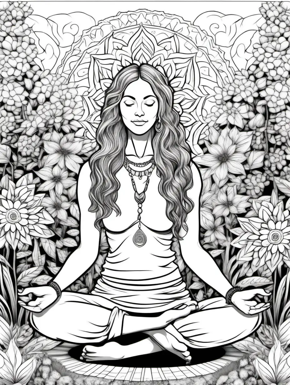 Bohemian Woman Yoga Coloring Page in Peaceful Garden