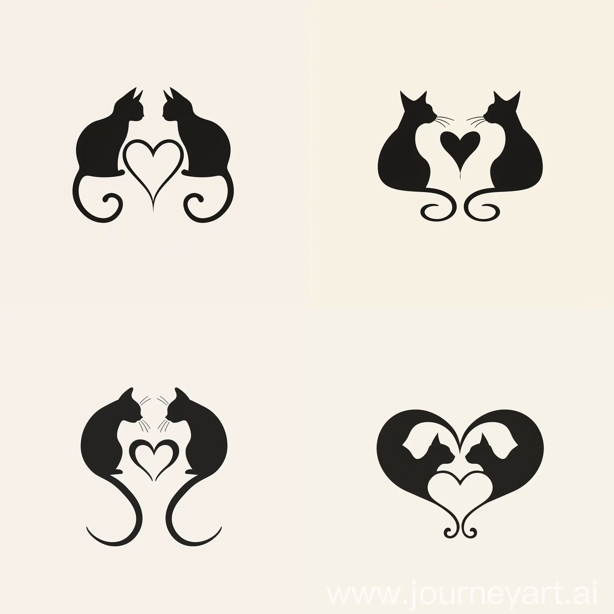 The logo for a minimalist café with cats features a simple and clean design. It includes two stylized cat silhouettes facing each other, with their tails forming a heart shape in the middle. The color scheme is black and white, adding to the sleek and modern look of the logo. The overall aesthetic is playful and charming, appealing to cat lovers and coffee enthusiasts alike.