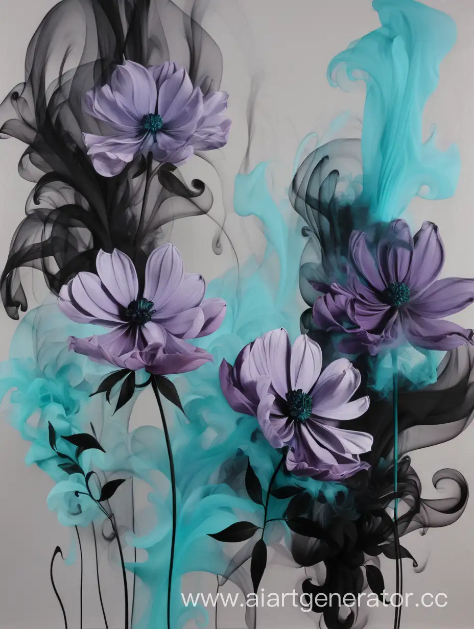 Abstract-Smoke-Art-with-Three-Vibrant-Flowers-in-Gray-Black-Turquoise-and-Lilac