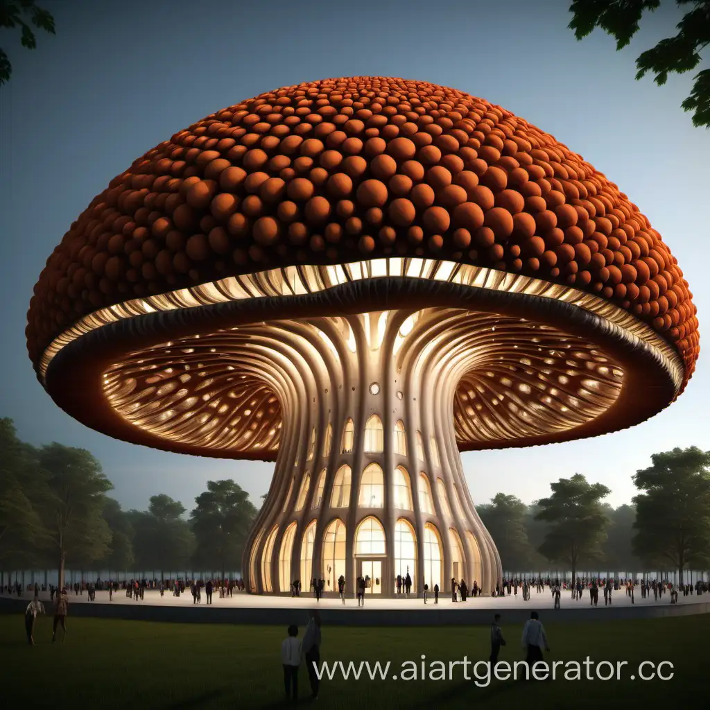 create a culturally spectacular building in the shape of a mushroom