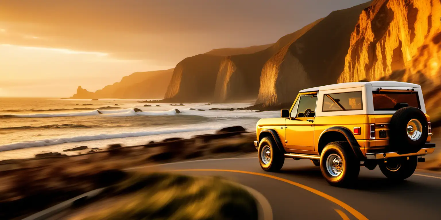 A stunning Ford Bronco Yellow, through a winding coastal road at sunset, with golden sunlight casting a warm glow on the sleek curves of the vehicle against a backdrop of crashing waves and rugged cliffs.