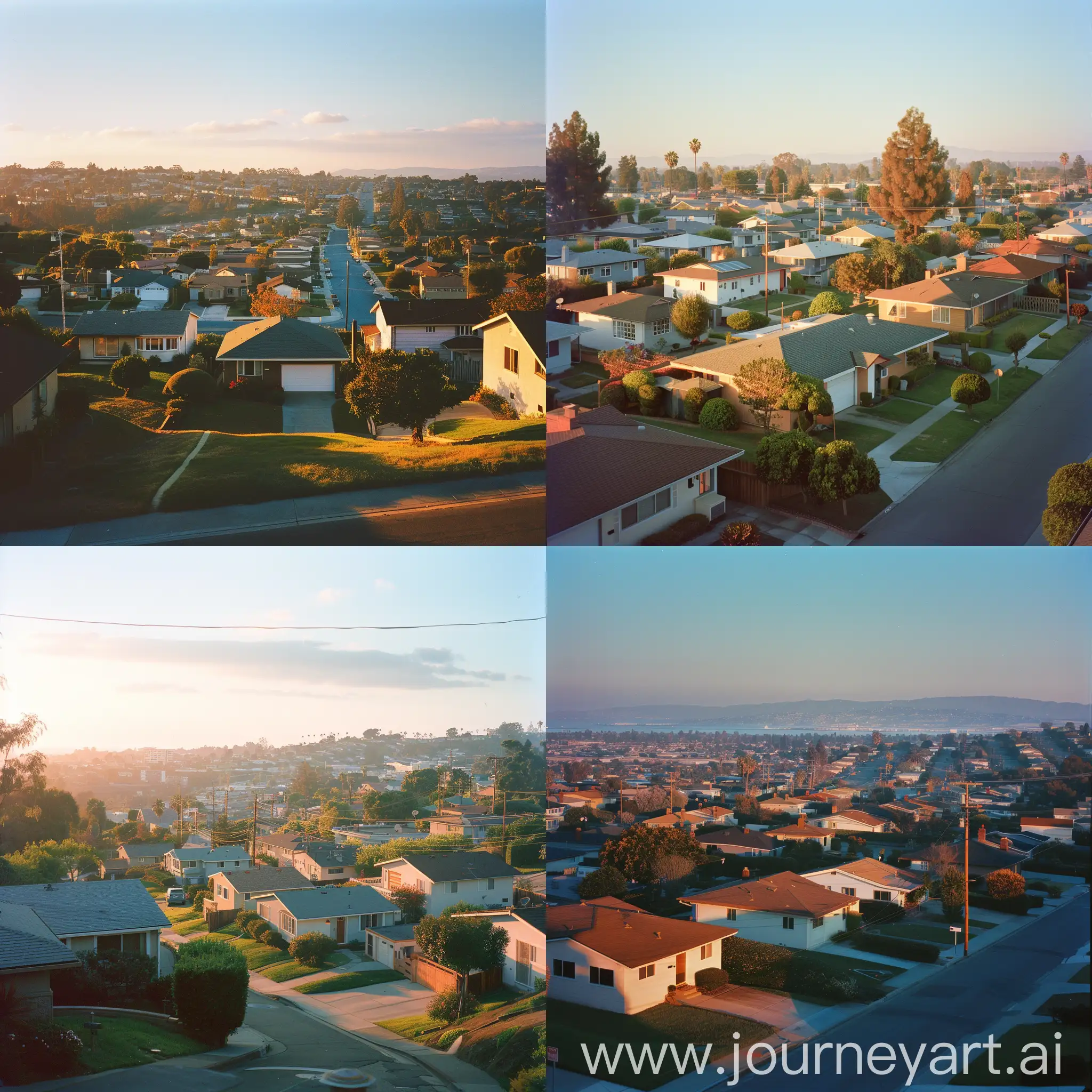 depict a photograph made on large format film camera with portra 800 of a residential neighborhood with 1950's californian houses between golden light and blue light inspired by todd hido composition