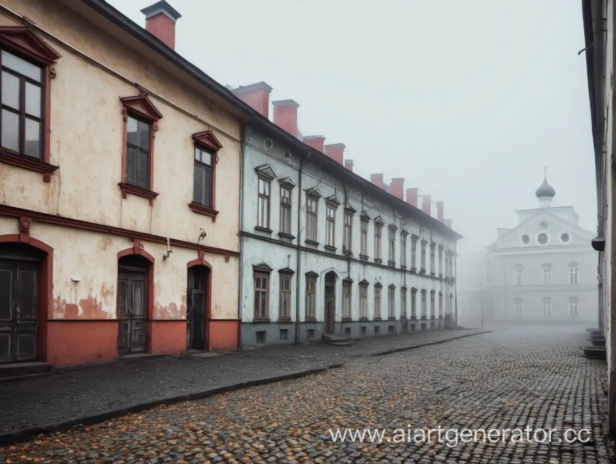 Yard with old buildings from the pre-revolutionary era of Russia, colorful, gray sky, fog, shabby and old building, yard paved with cobblestones
