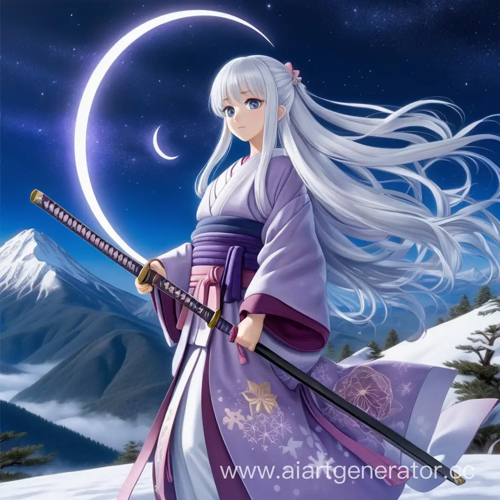 Эта аниме девушка имеет длинные белые волосы, которые легко колышутся на ветру. Ее глаза фиолетового цвета, сверкающие отвагой и решимостью. На фоне высокой горы, украшенной снегом, она стоит гордо, держа в руках сверкающую белую катану. Небо за ней покрыто звездами, а полумесяц ярко светит, подчеркивая ее благородный облик. Ее одежда состоит из кимоно с изящным узором и длинного пояса, который свисает на боку. Эта девушка выглядит как боевой дух, готовый сразиться с любым вызовом