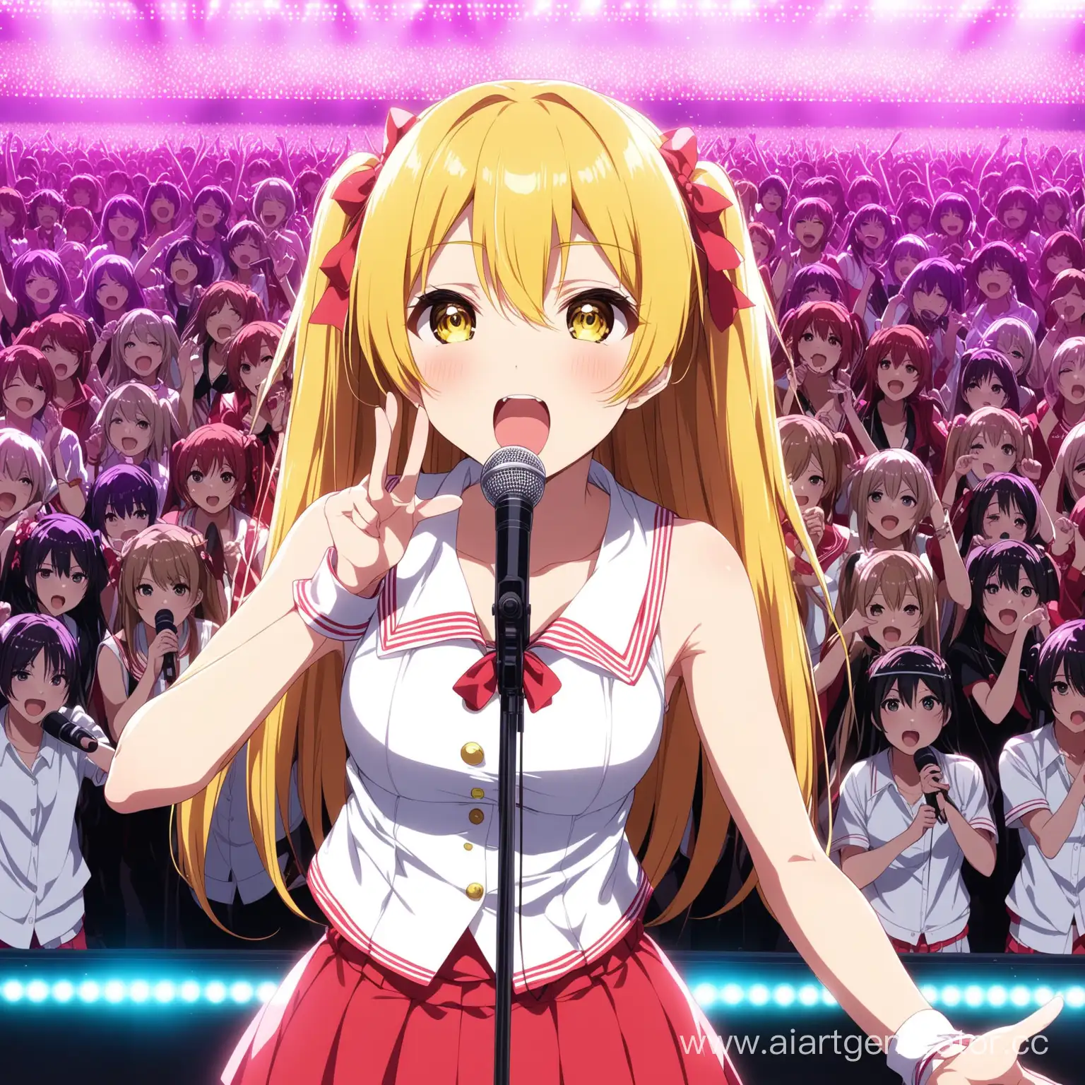 Anime idol raps in a big scene in front of a lot of fans