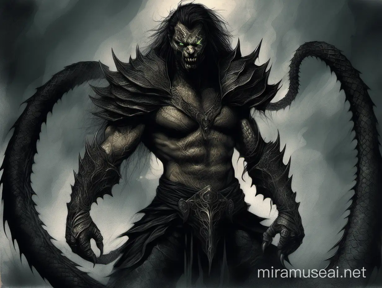 Capture the menacing presence of a mythological serpentine creature, the main antagonist of the demigod. Its scales as black as night, eyes glowing like lightning, and razor-sharp teeth. Depict it in the style of Luis Royo's Medieval fantasy warrior art, using tan, black, blanchedalmond colors. Create an 8K HD portrait painting that exudes a sense of mystery and danger.