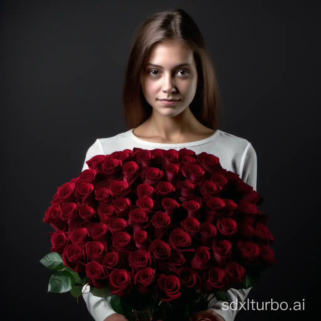 The girl holds 101 burgundy roses of the madame red variety in her hands. behind the girl is a monochrome black background. The girl is in semi-darkness behind. But the bright evenly diffused light falls evenly on the girl herself and on the bouquet of roses. the girl is about 35 years old