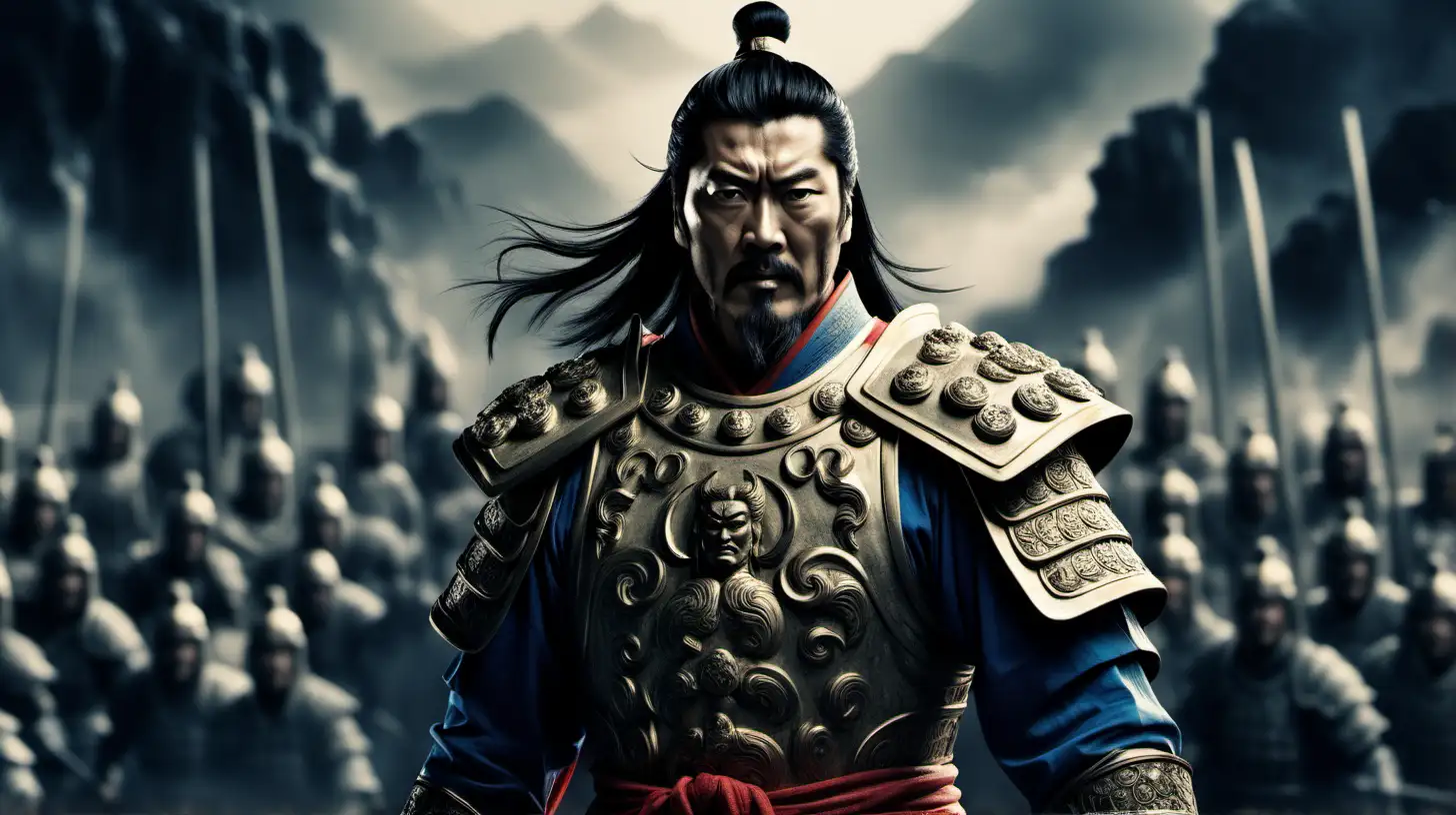 Cao Cao Heroic Figure Standing Against Chaotic Background in HighDefinition Movie Style