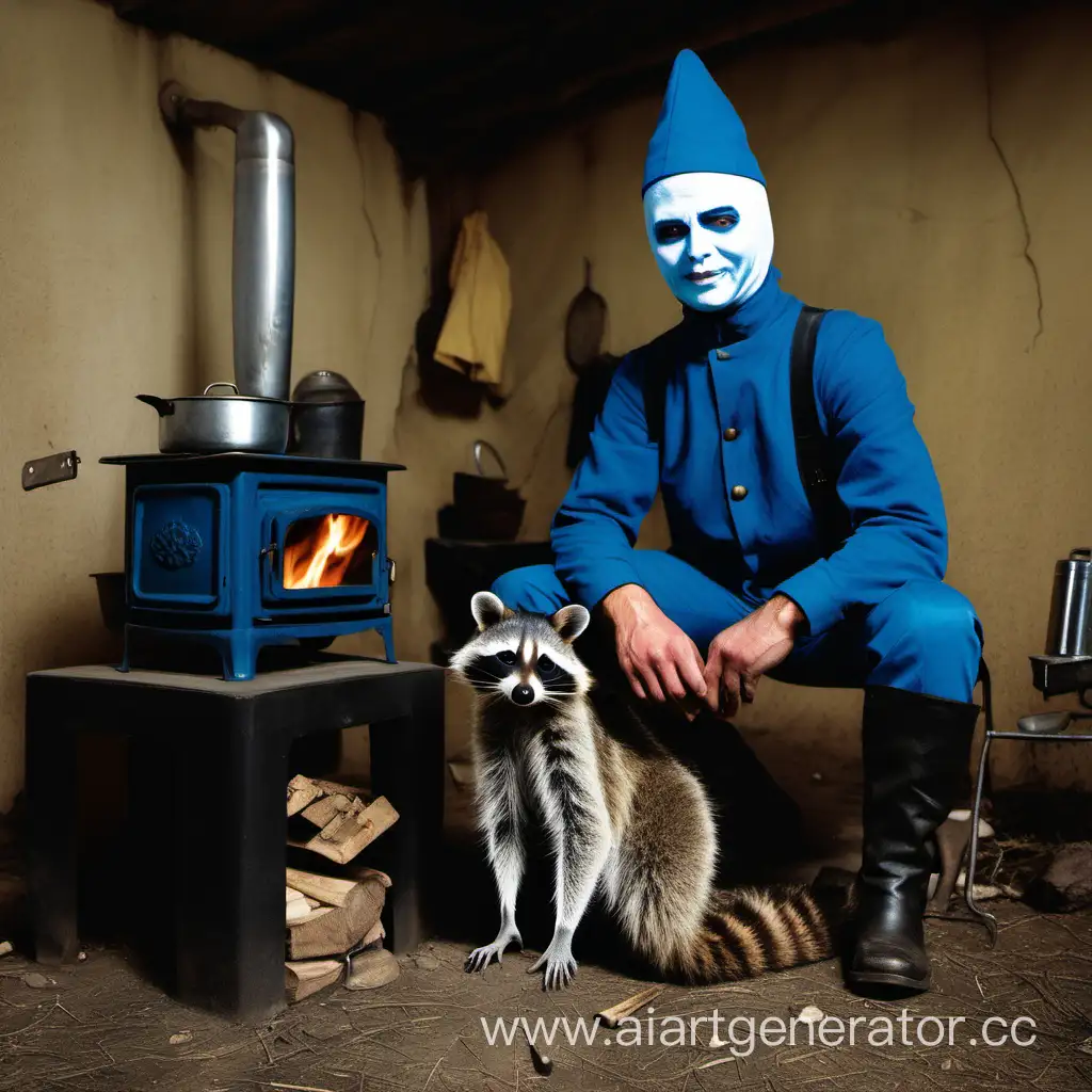 Человек с белым лицом в голубой каске, сидит на русской печи, рядом с енотом