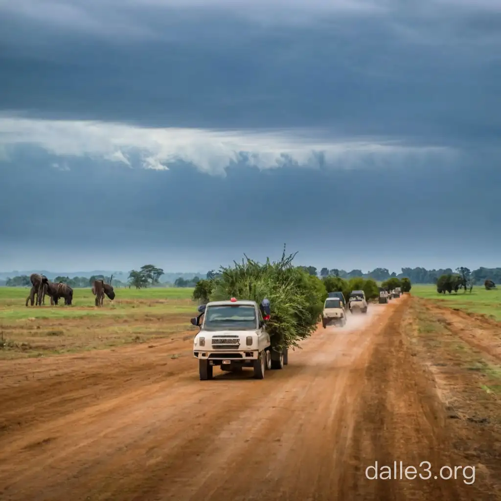 Rows of tree-carrying trucks drove through the rainstorm, birds and bald cranes in the air with cats,  rats and antelopes, wild boars, and an elephant run.