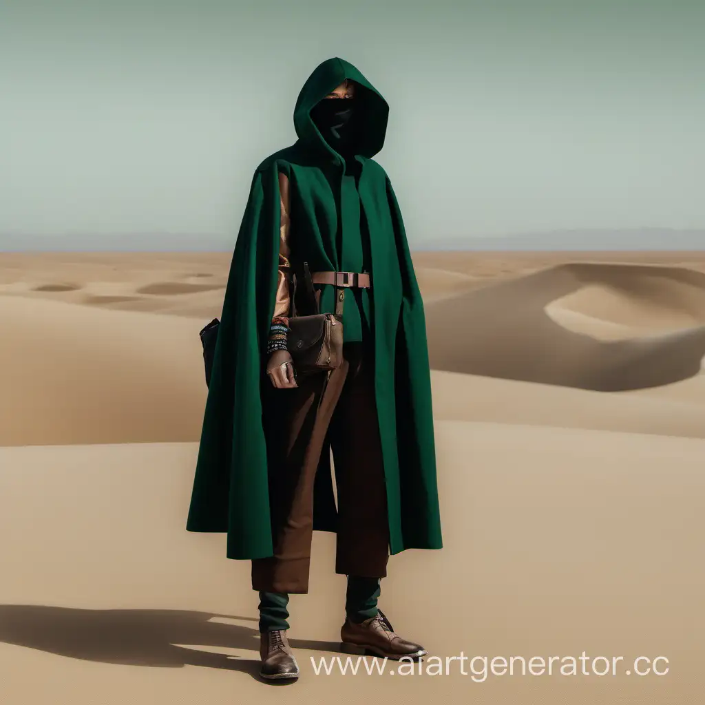 человек облаченный в темнозеленое одеяние стоит, пустыня , полный рост , черная куртка, коричневые штаны, сумки на поясе  , не видно лицо , плащ, браслеты