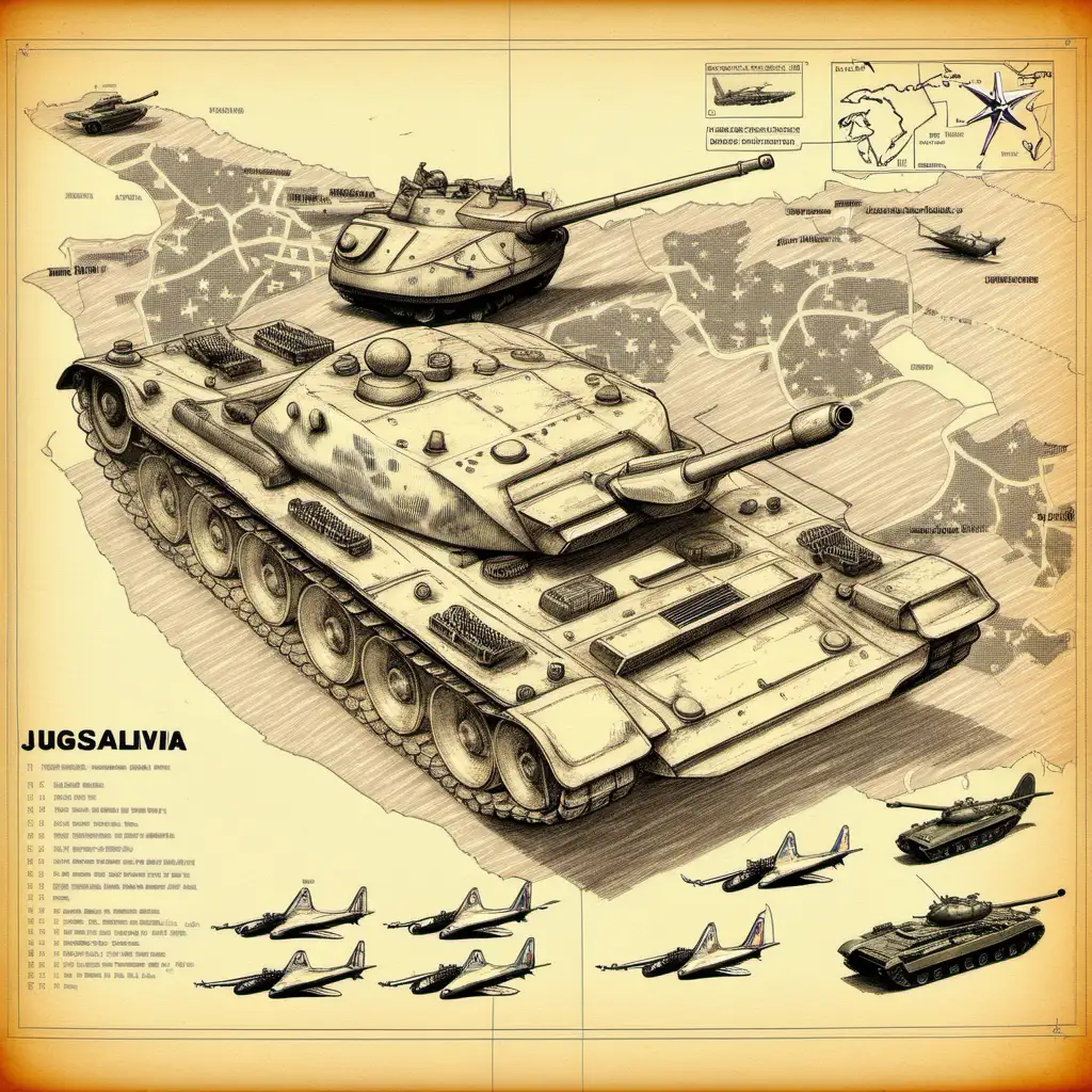 Yugoslavia Map with Tanks and War Planes Sketch