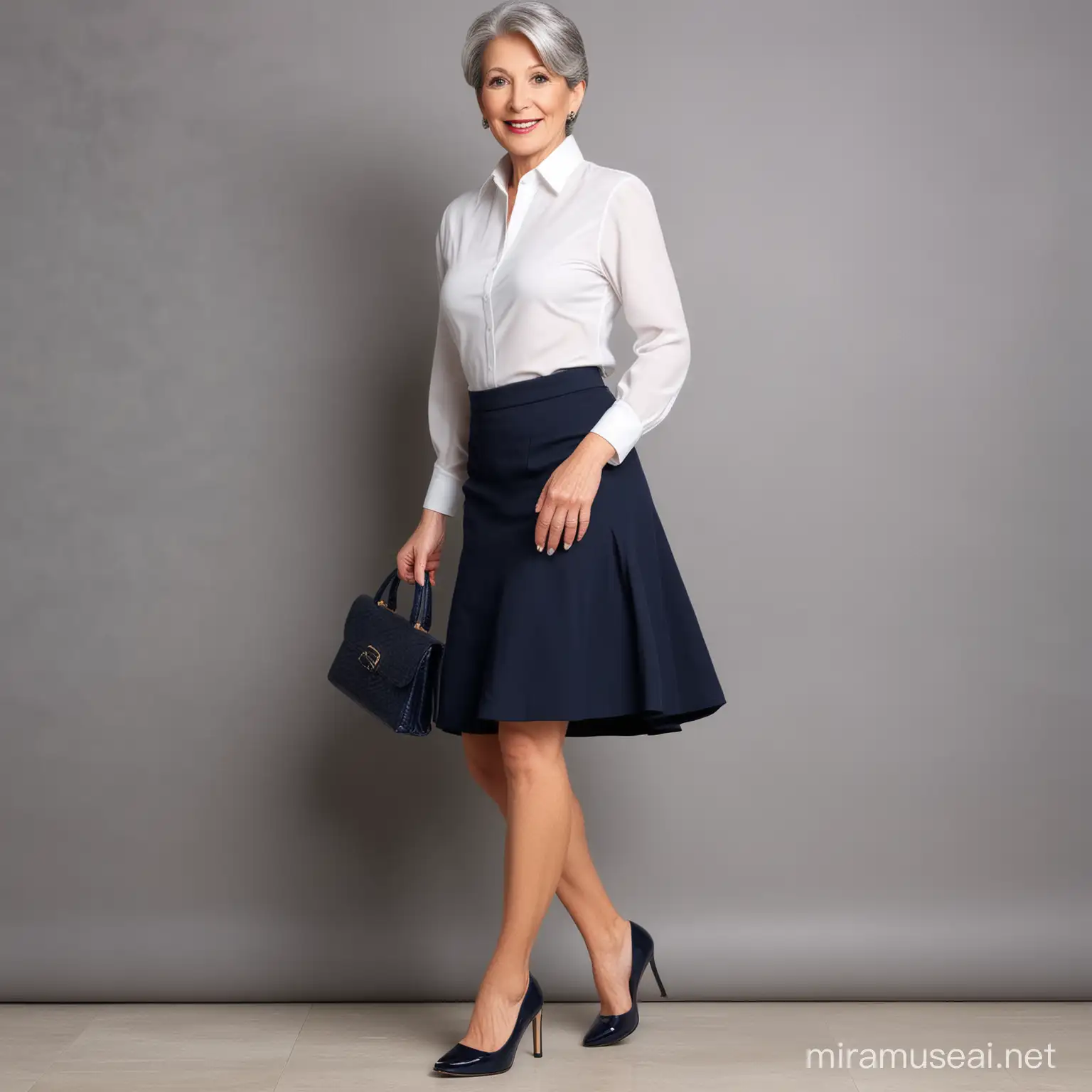 One mature grey hair woman. She is wearing an above the knee navy blue skirt, white blouse, and high heel pumps
