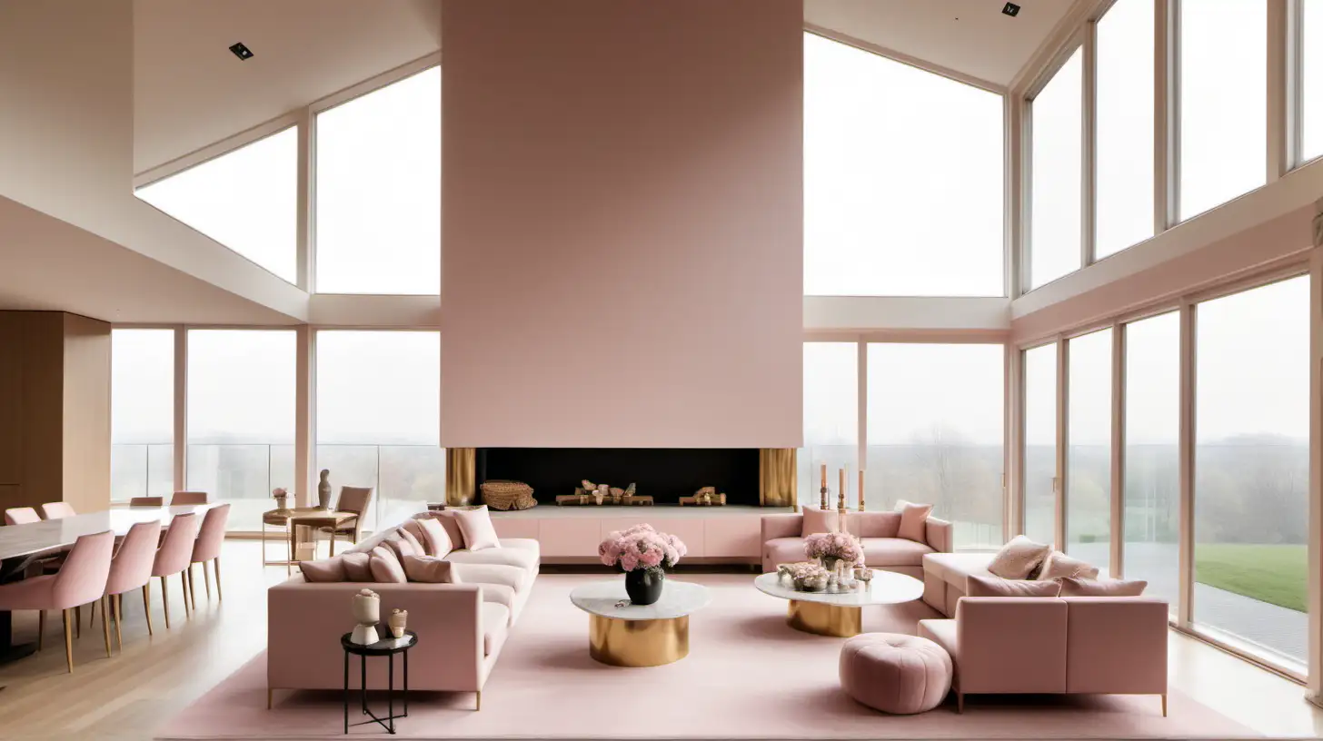 double height living room, dining room; beige, oak, brass, soft pink colour palette; large windows; skywalk; two-sided fireplace dividing living and dining