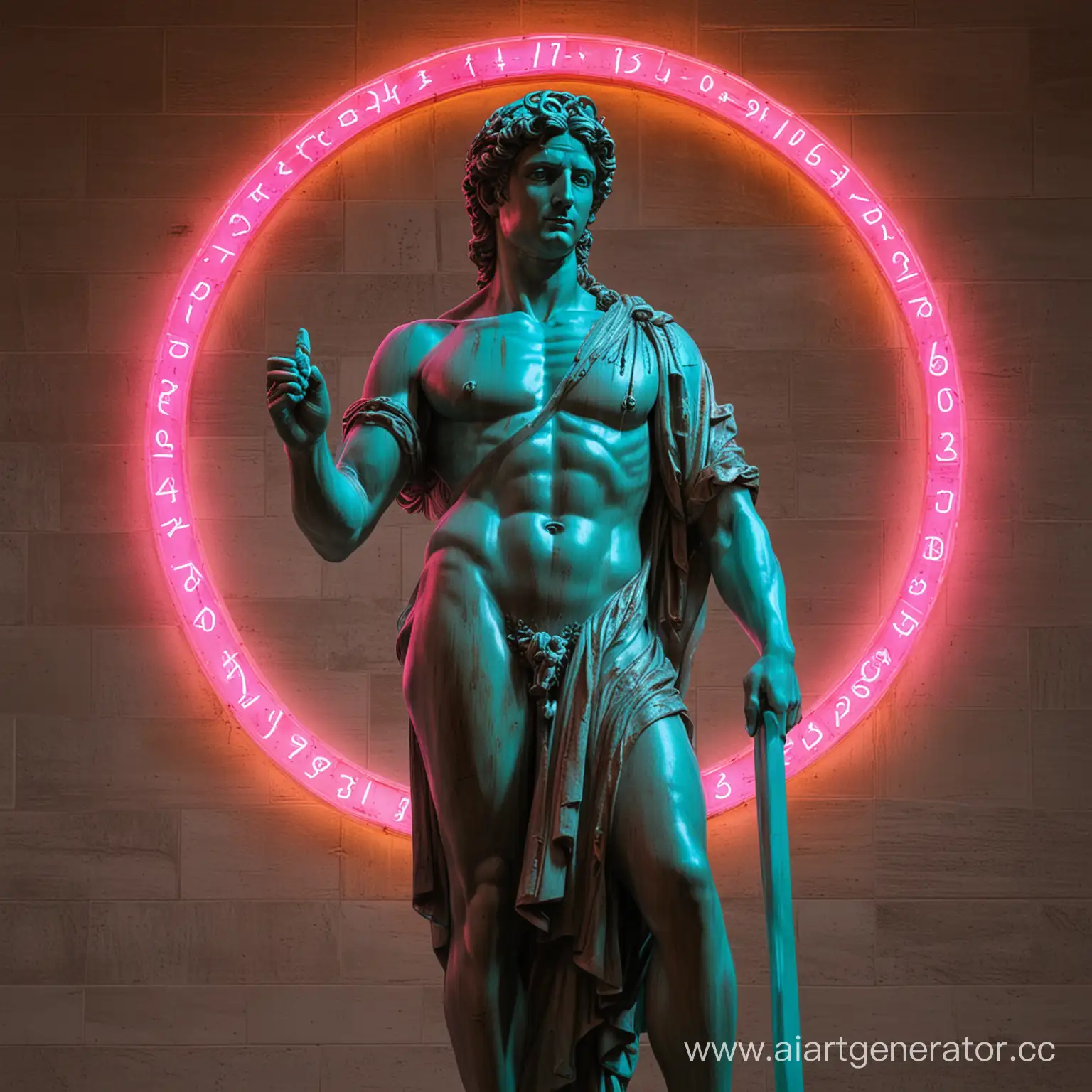 statue of David in neon colors with a halo of numbers