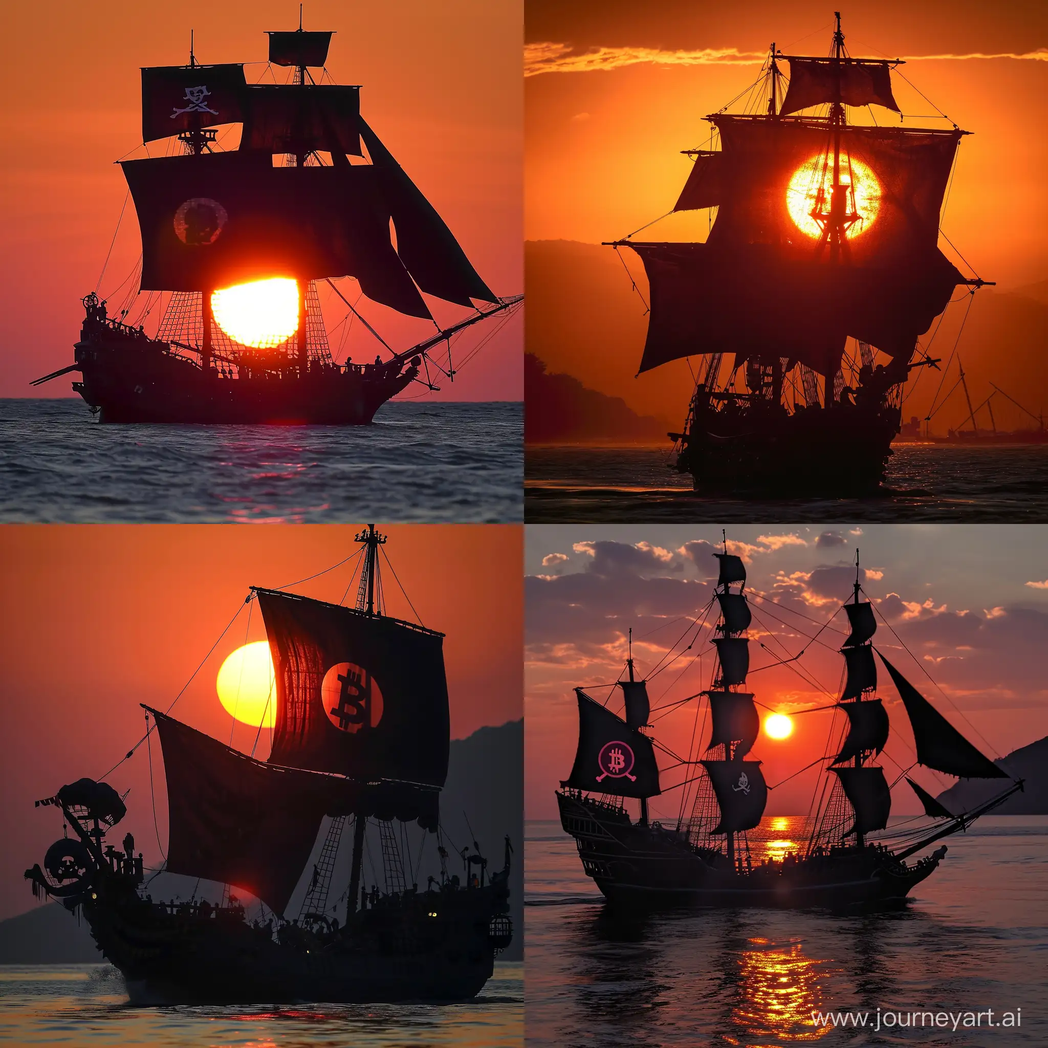 Sunset, pirate ship, black sail, Bitcoin replacing the sun