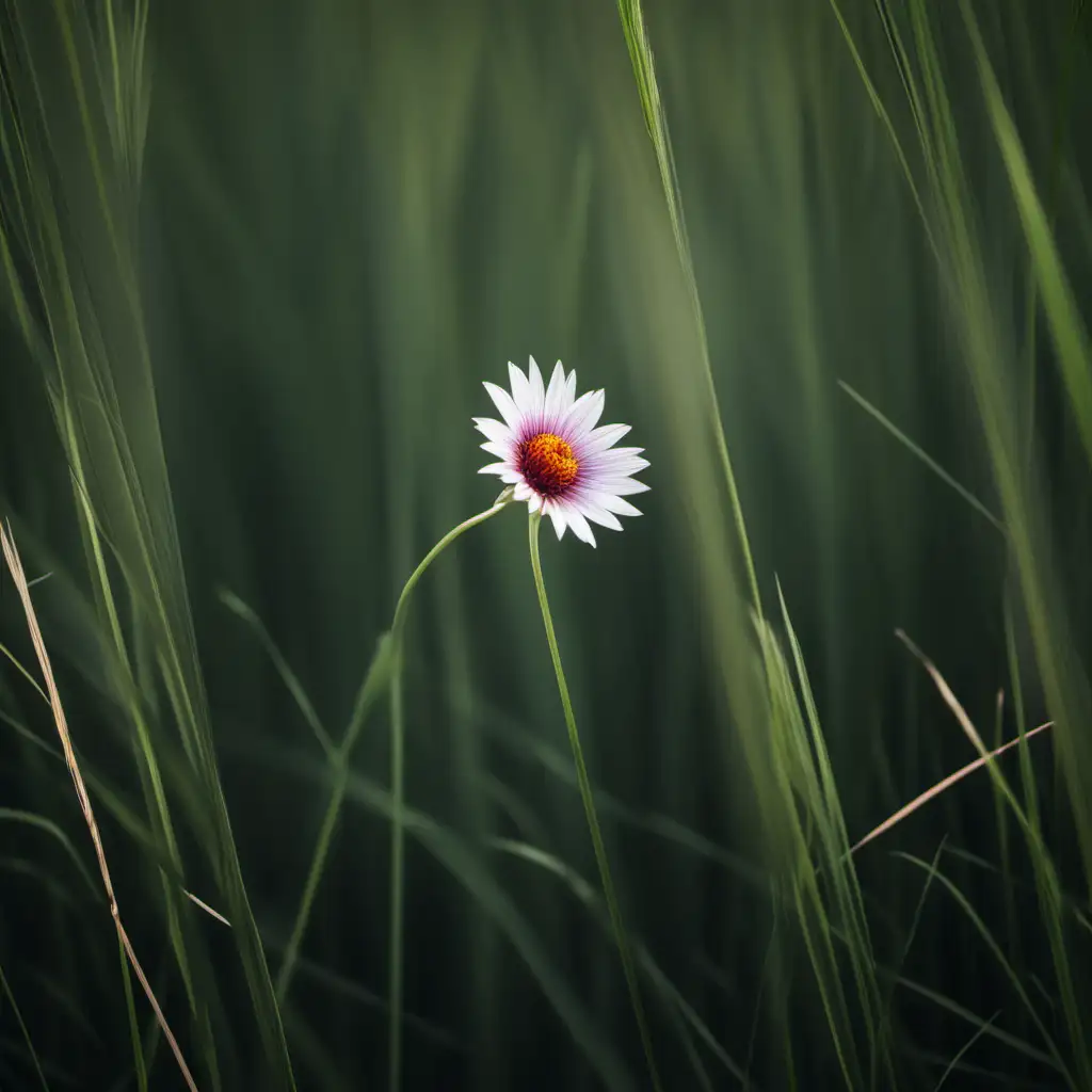 Solitary Flower amidst Tall Grass in Serene Meadow