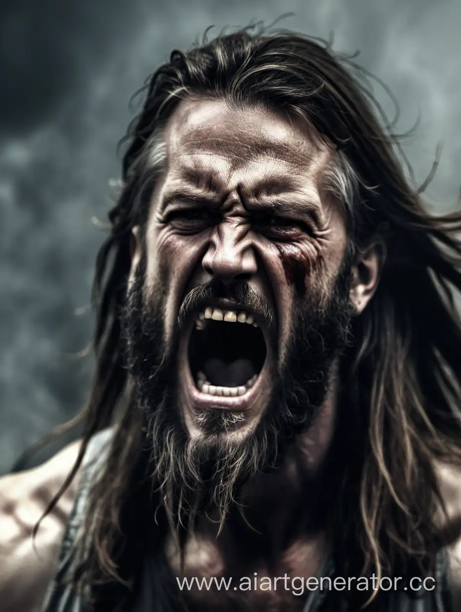 man with long hair and beard in rage