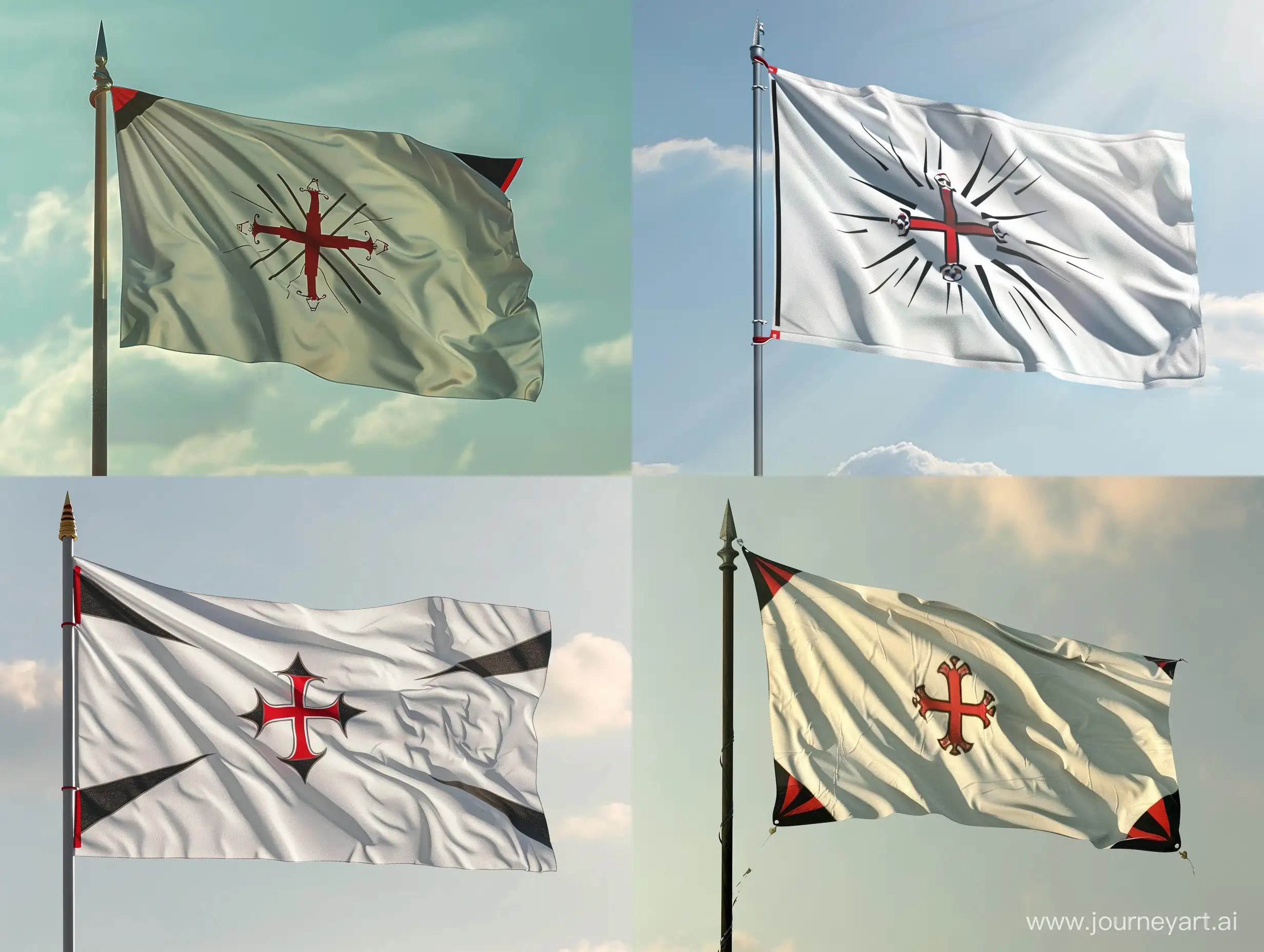 Флаг Ордена Великого Света. Белый флаг, чёрные углы в виде лучей света направленных в центр. Красные полосы по бокам флага. В центре символ красный крест под белыми лучами. Флаг прямой. Флаг на верхушке копья. 