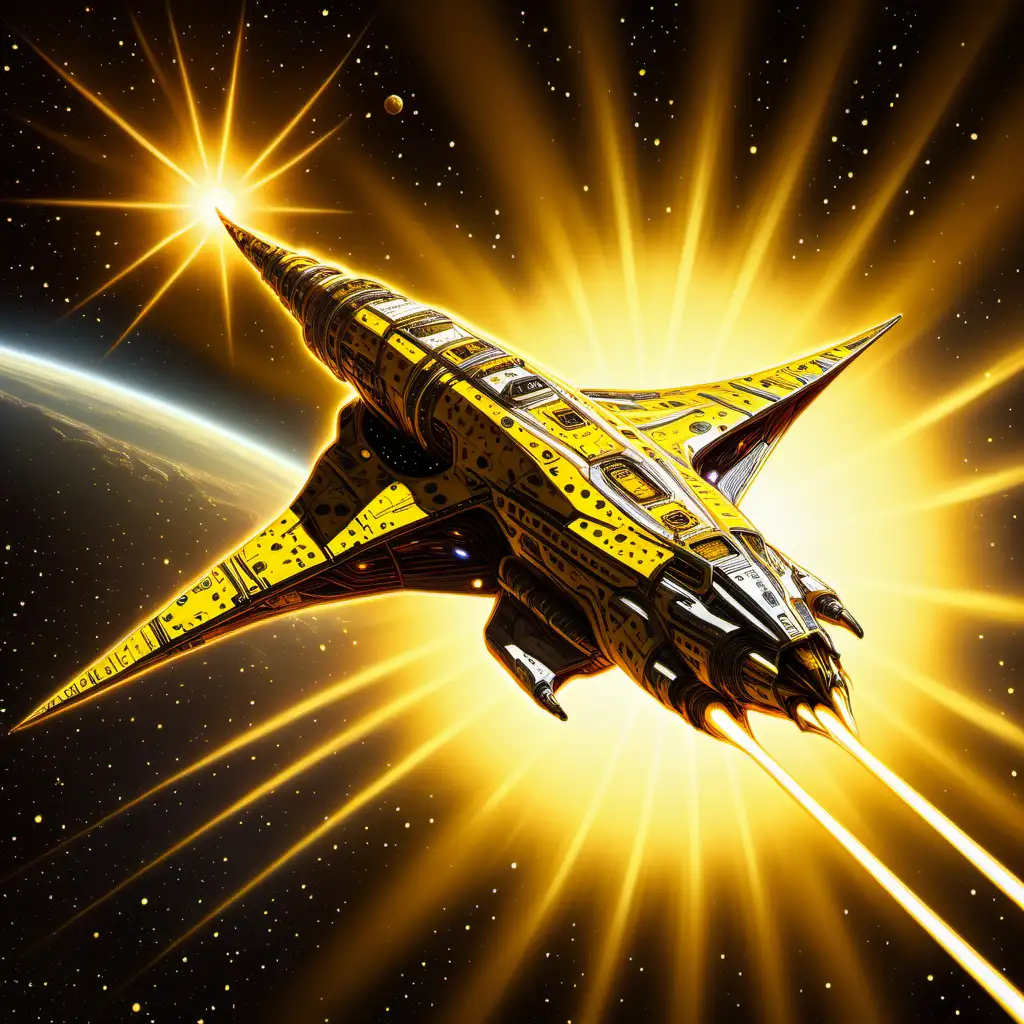 rearward engines trailing dazzling yellow flaring pulses of light in space from a speckling bright spotted spaceship with a long beak bow and saw tooth ridges running along its smooth dorsal spine. Set in space with a backdrop of a nearby yellow sun.