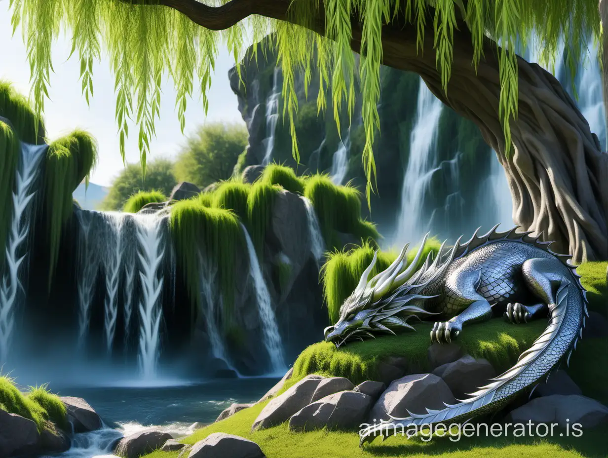 Sleeping-Dragon-under-Weeping-Willow-Tree-by-Waterfall