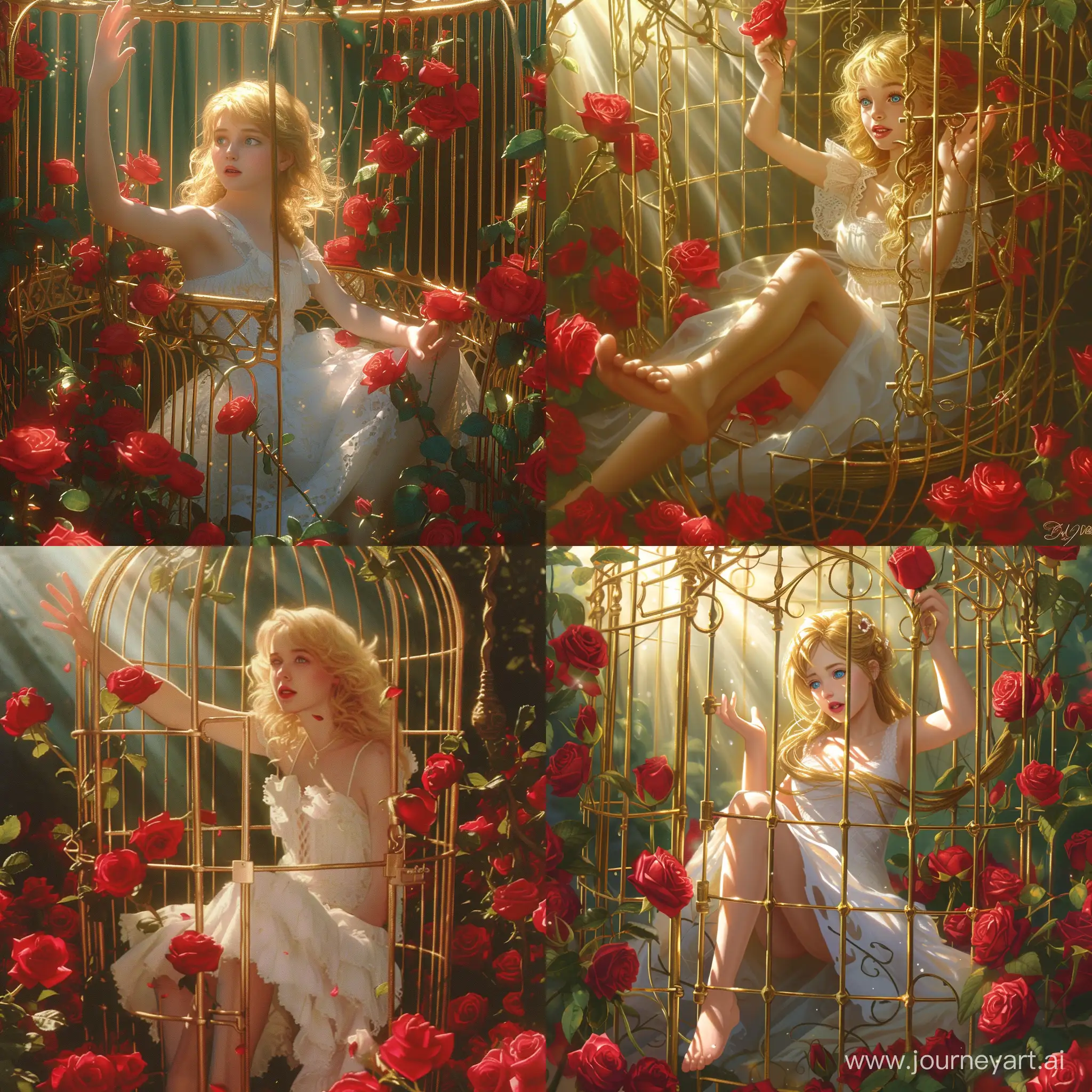 Девушка босая, в белом платье, с золотыми волосами, голубыми глазами сидит внутри золотой клетки которая окружена красными розами, одной рукой девушка тянется к солнцу лучи которого падают на нее и клетку, другая рука держит розу
