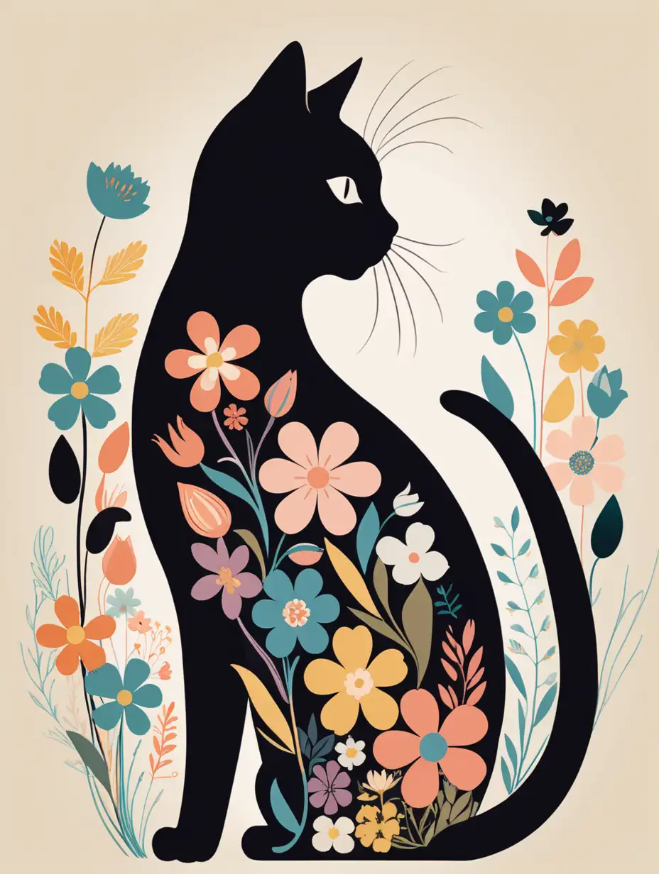 Fill a silhouette of a cat with various sizes of illustrated flowers in retro colors add whiskers
