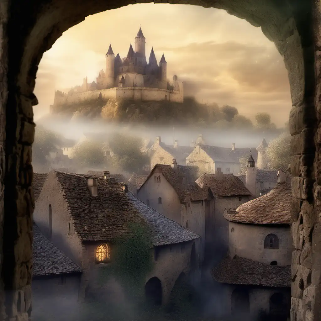 genera una imagen estilo Luis Royo respetando la foto, pueblo medieval, castillo al fondo, luz etérea del amanecer