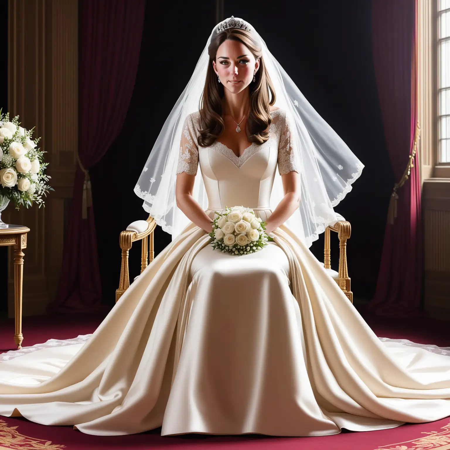 dans pièce sombre, pose d'hypnose, Kate Middleton, magnifique robe très luxueuse de mariée très luxueuse ivoire en satin duchesse manches courte amples et escarpins blanc, assise sur un chaise se fait hypnotisé 