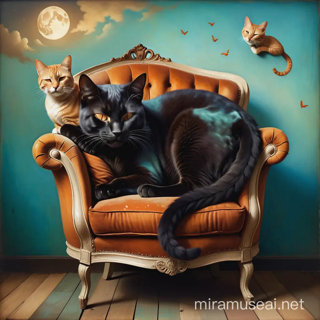 Surreal Collage Dreamy Scene of Rusty Armchair with Contorted Cats