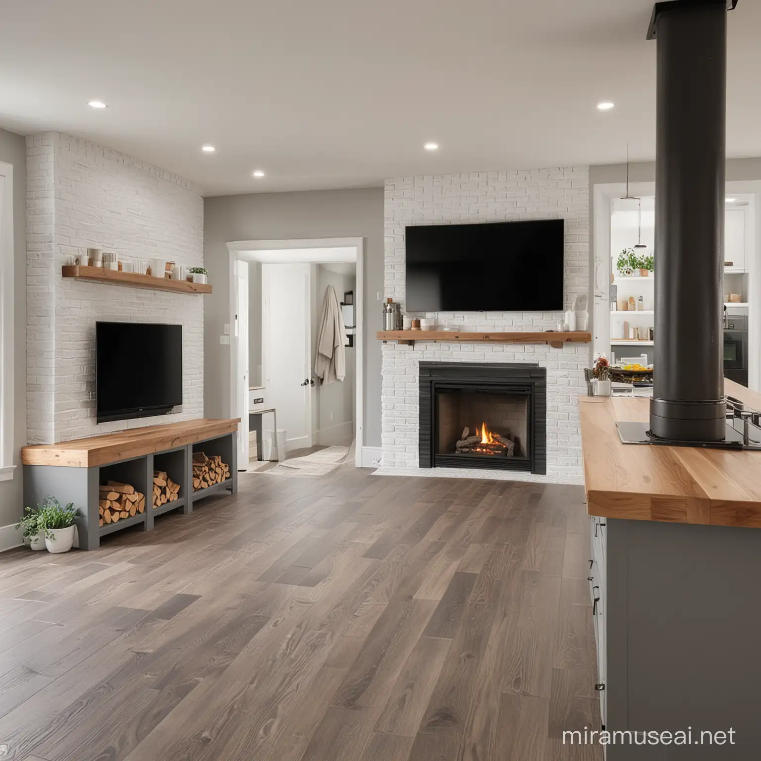 Contemporary Open Plan Kitchen with Matte Finishes and Brick Fireplace
