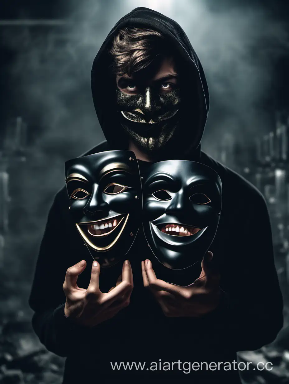 in front of his face, a young man in black smiling mask, holds in his hands two masks with different emotions, ultra-realistic, high detail, dark fantasy