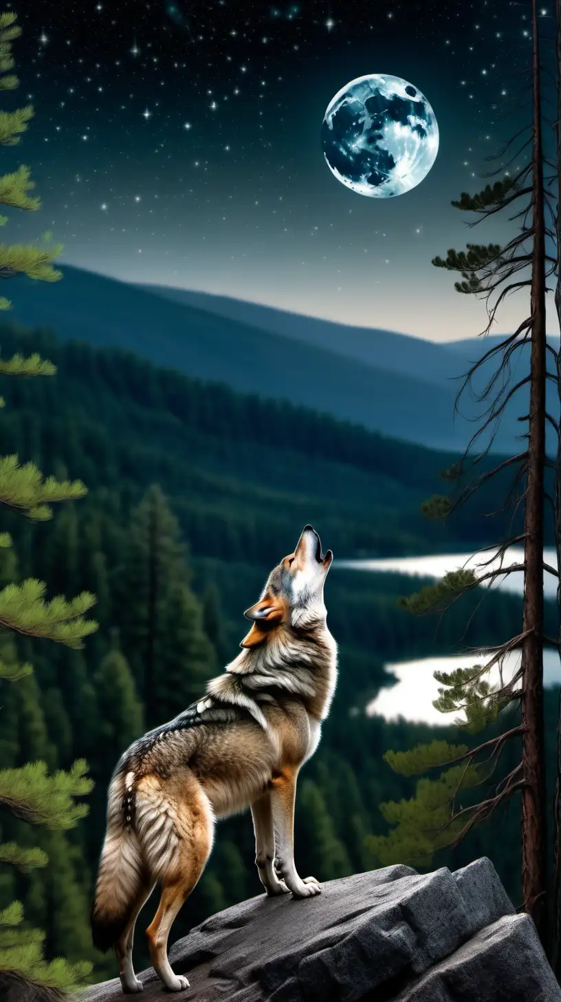 sitting wolf  on a cliff howling at moon, closeup green pine trees, clear light, stars, lake and mountains in background