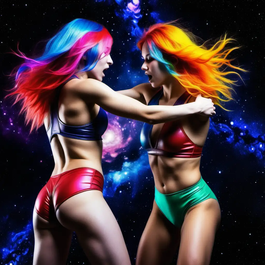 Dynamic Cosmic Wrestling Energetic MultiColoredHaired Girls in the Universe