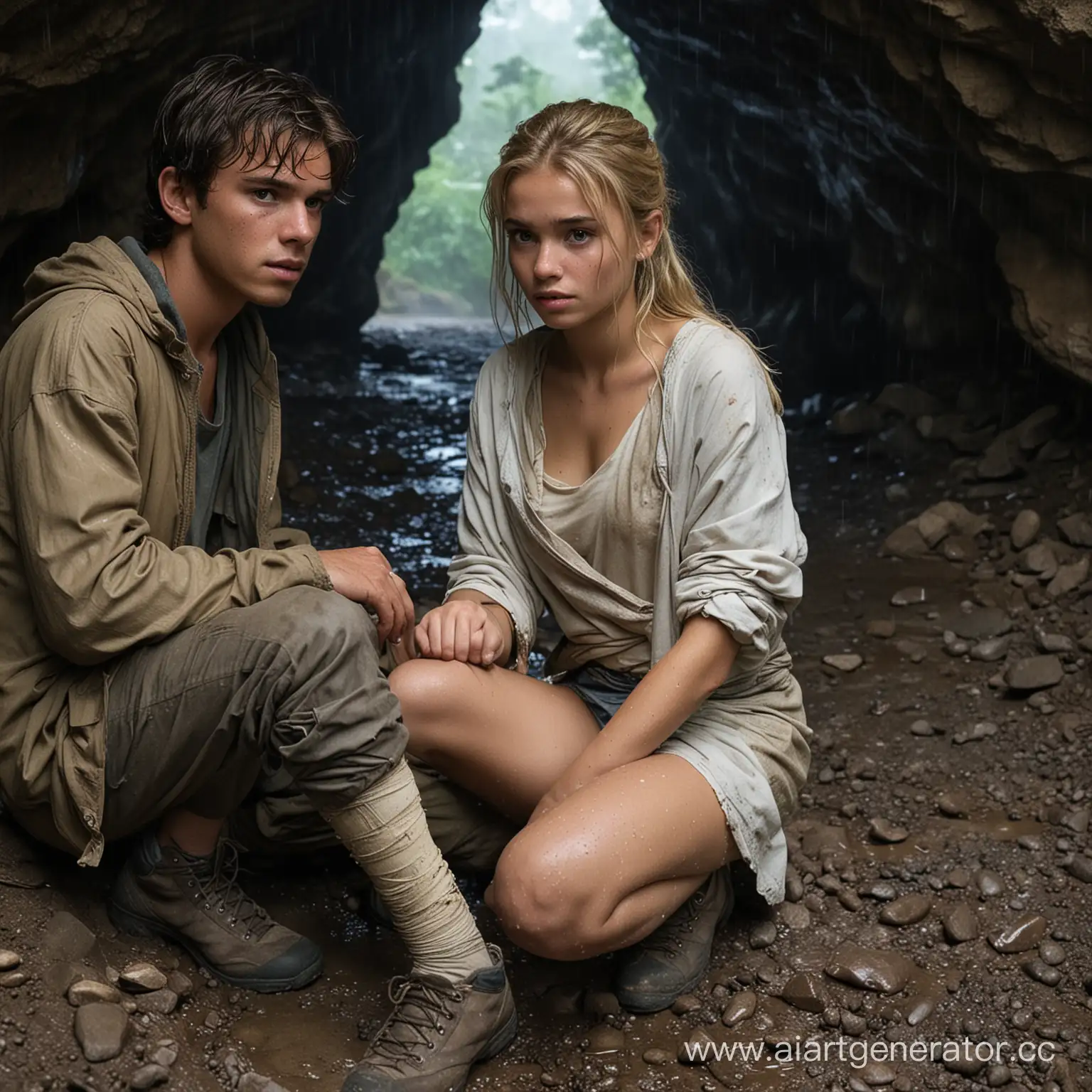 Landon wraps a bandage around Sofia's leg, in a small cave in the rain. 

Landon - a 19-year-old man, with a distinguished feel, despite being in ragged clothes with tan skin, short dark hair, and piercing eyes 

Sofia - a 14-year-old girl with an innocent face, dressed in ragged clothes. With long blonde hair