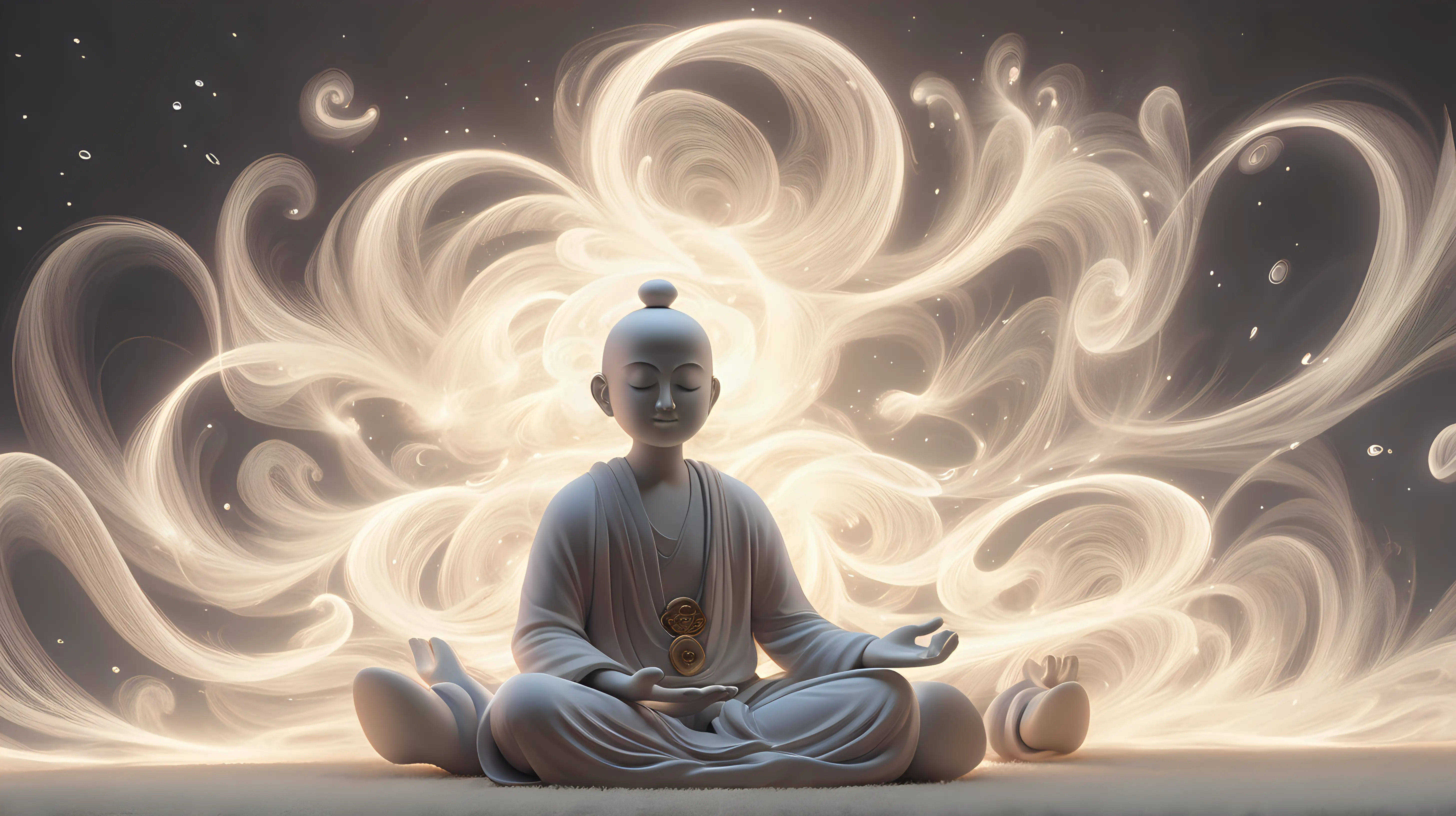 An endearing, small figure with a serene expression, meditating peacefully amidst swirling wisps of energy.