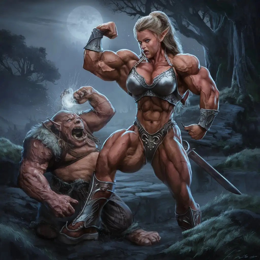 Elven female bodybuilder very big muscles big biceps huge arms huge legs punching an Orc in Lord of the rings