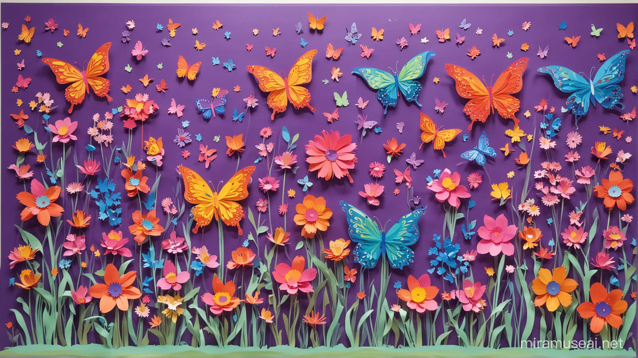 Paper' cutting flowers and butterflies with paper colour ful display board design for class room 
