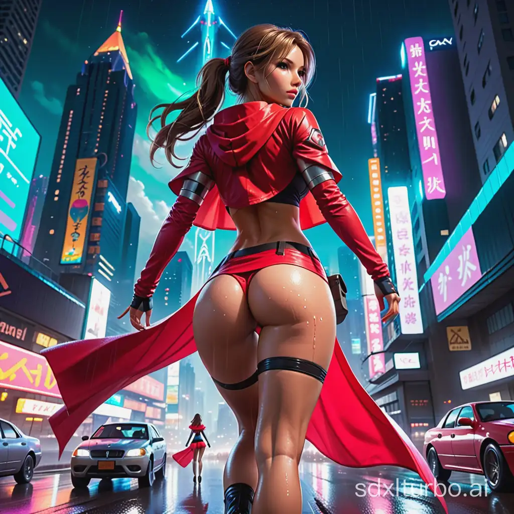 Busty gyaru Lara Croft stands in an epic pose with her legs shoulder-width apart, viewed from behind, sign 'DJ5L45H', torso slightly turned to the left, underboob, red skirt, deep neckline, red cape fluttering in the wind, with a view of a huge futuristic neon city between her legs, punctuated shot, flying cars flashing multi-colored lights, starry sky, two moons visible in the sky up close, pouring rain, many details, style raw, flat stomach, slender hips, slender legs, long legs, high angle, 32k, realistic photograph.