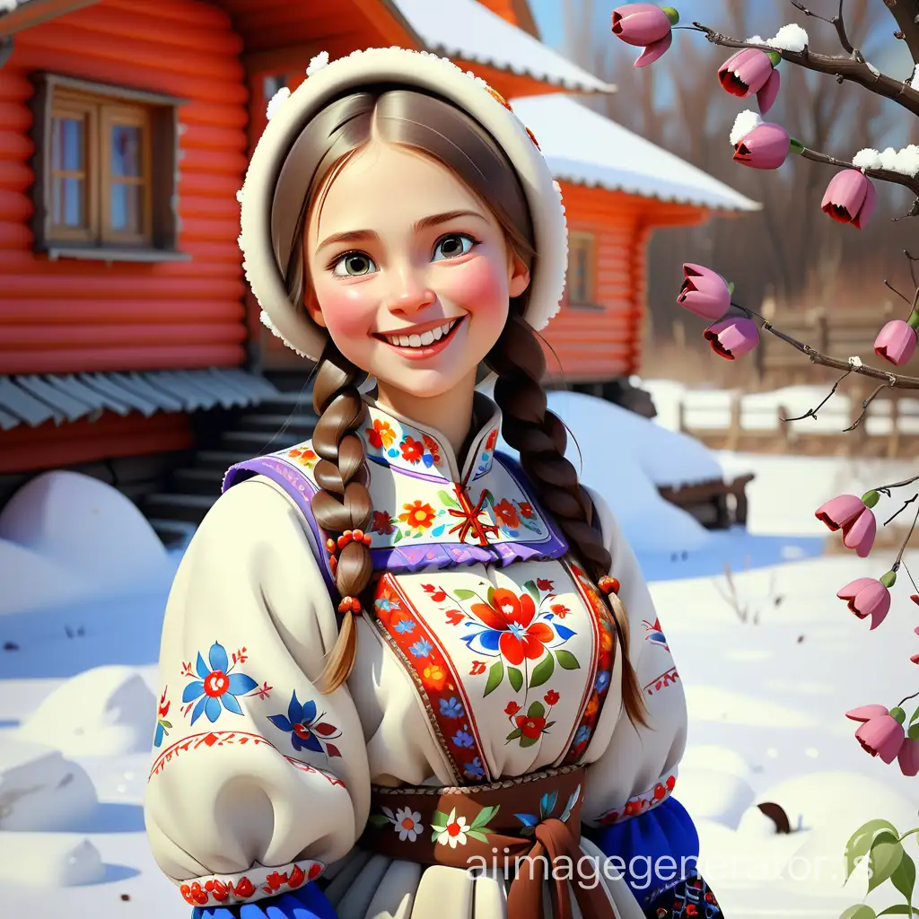 spring girl in Russian folk costume, kind face, smile, body to the waist, spring flowers, melting snow, swallows