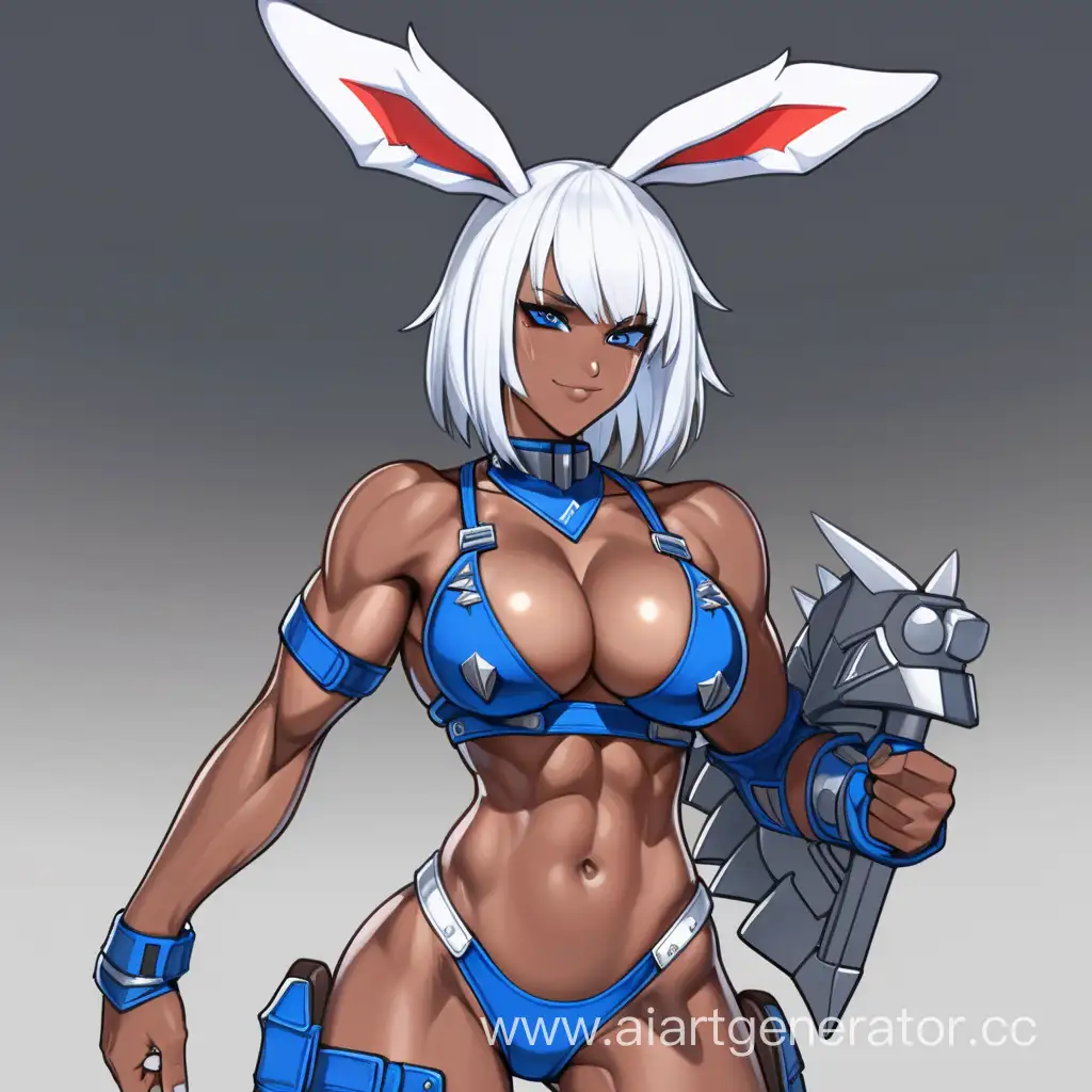 Field, 1 Person, Women, Human, White hair, Long Rabit Ears, Short hair, Spiky Hair style, Dark Brown Skin, Blue Full Body Suit, Blue Body Armor, Chocer,  Blue Liptsick, Serious smile, Big Breasts, Scarlet Red eyes, Sharp Eyes, Flexing Muscles, Hard Abs, Toned Abs, Big Muscular Arms, Big Muscular Legs, Well-toned body, Muscular body, 