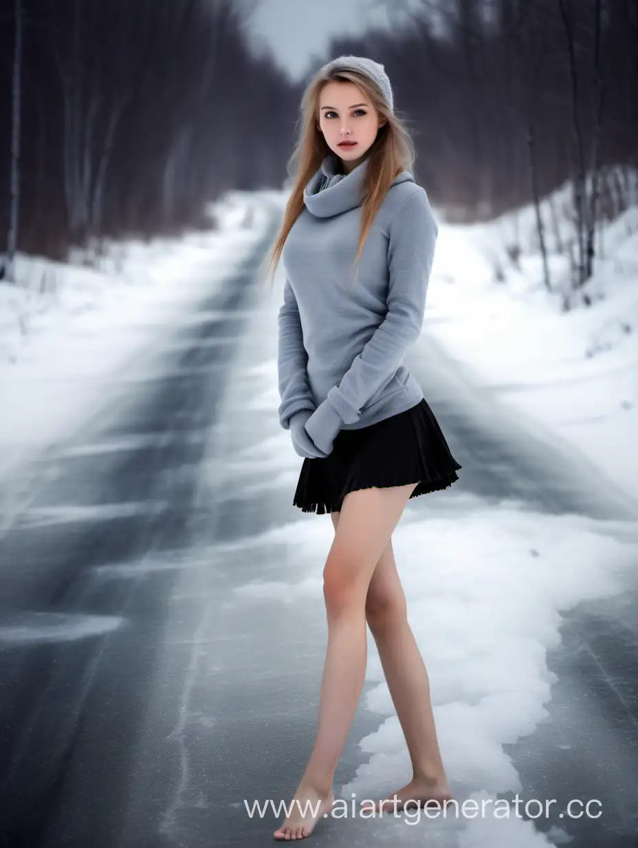 漂亮少女在冰冻积雪的路面上赤脚，短裙