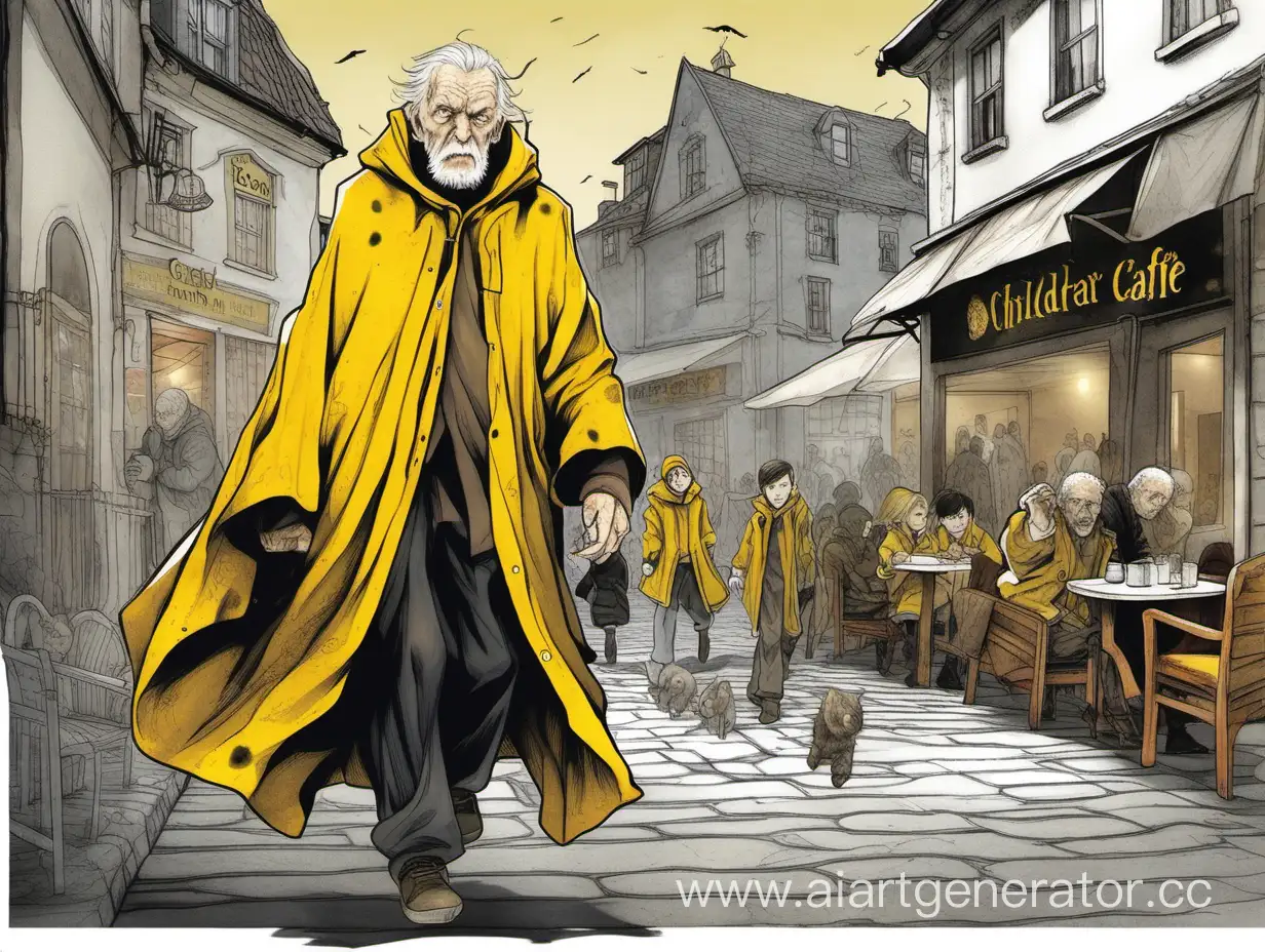 Mysterious-Old-Man-in-Black-and-Yellow-Cloak-at-Cafe