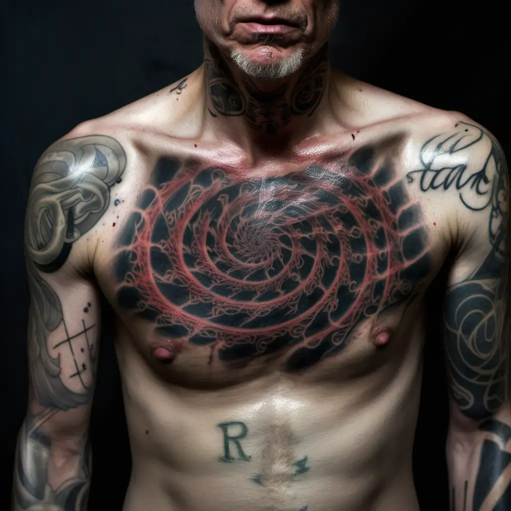 The chest of a thin emancipated man. He is in his 20s. He has blonde greasy hair and is sweating. There are deep hates under his eyes. His head is not visible. He is very pale. Black veins are visible under his skin giving the effect of decay. His chest is covered by a large tattoo. The tattoo depicts a large ragged spiral in black and red over his central chest. There are no tattoos on his arms, only his chest.