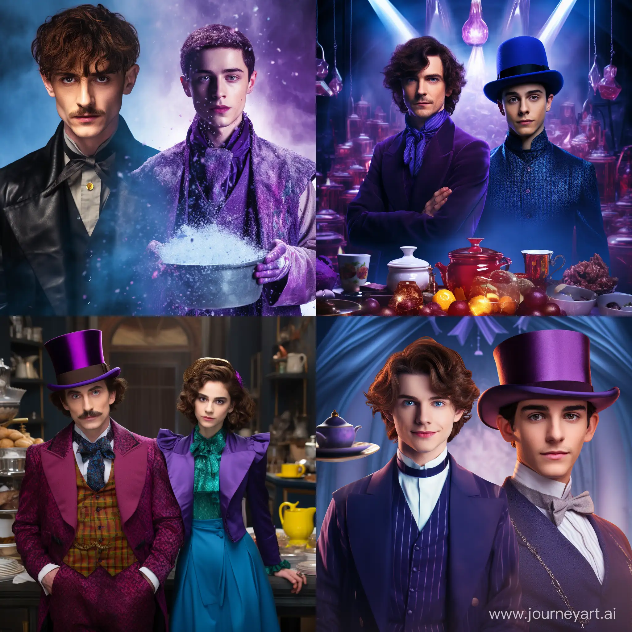 Timothée Hal Chalamet as Wonka and Bryan Lee Cranston as Heisenberg, they both are cooking "Blueberry Crystal Crunch"