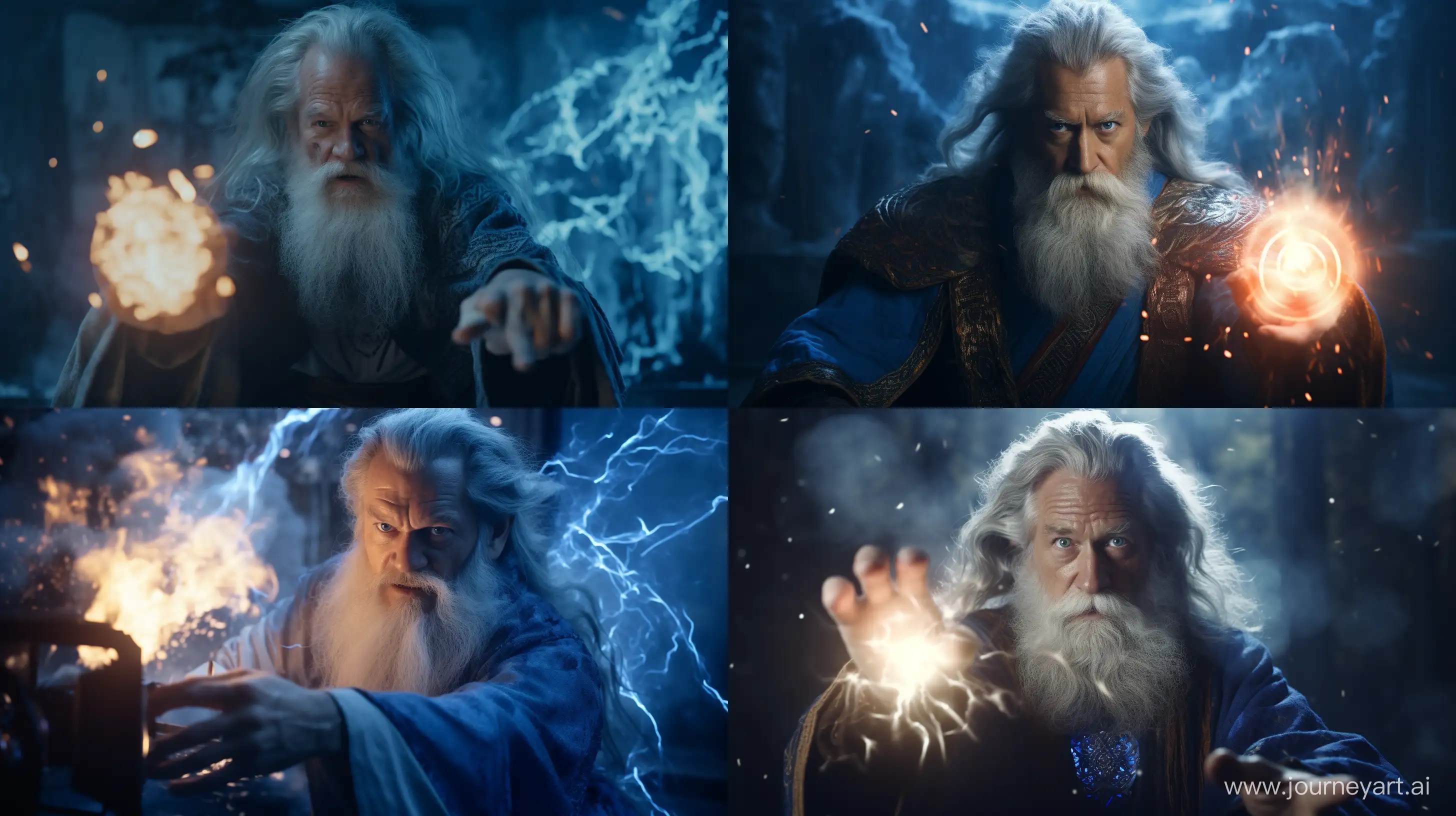 cinematic scene, old wizard using light blue magic kamehameha explosion, light shine blue eyes, ALEXA 65, ARRI Signature Prime Lenses, 70mm --ar 16:9 --style raw