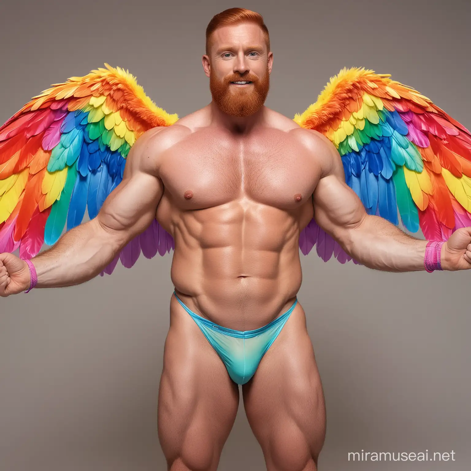 Muscular Redhead Bodybuilder Flexing in Rainbow Jacket with Eagle Wings