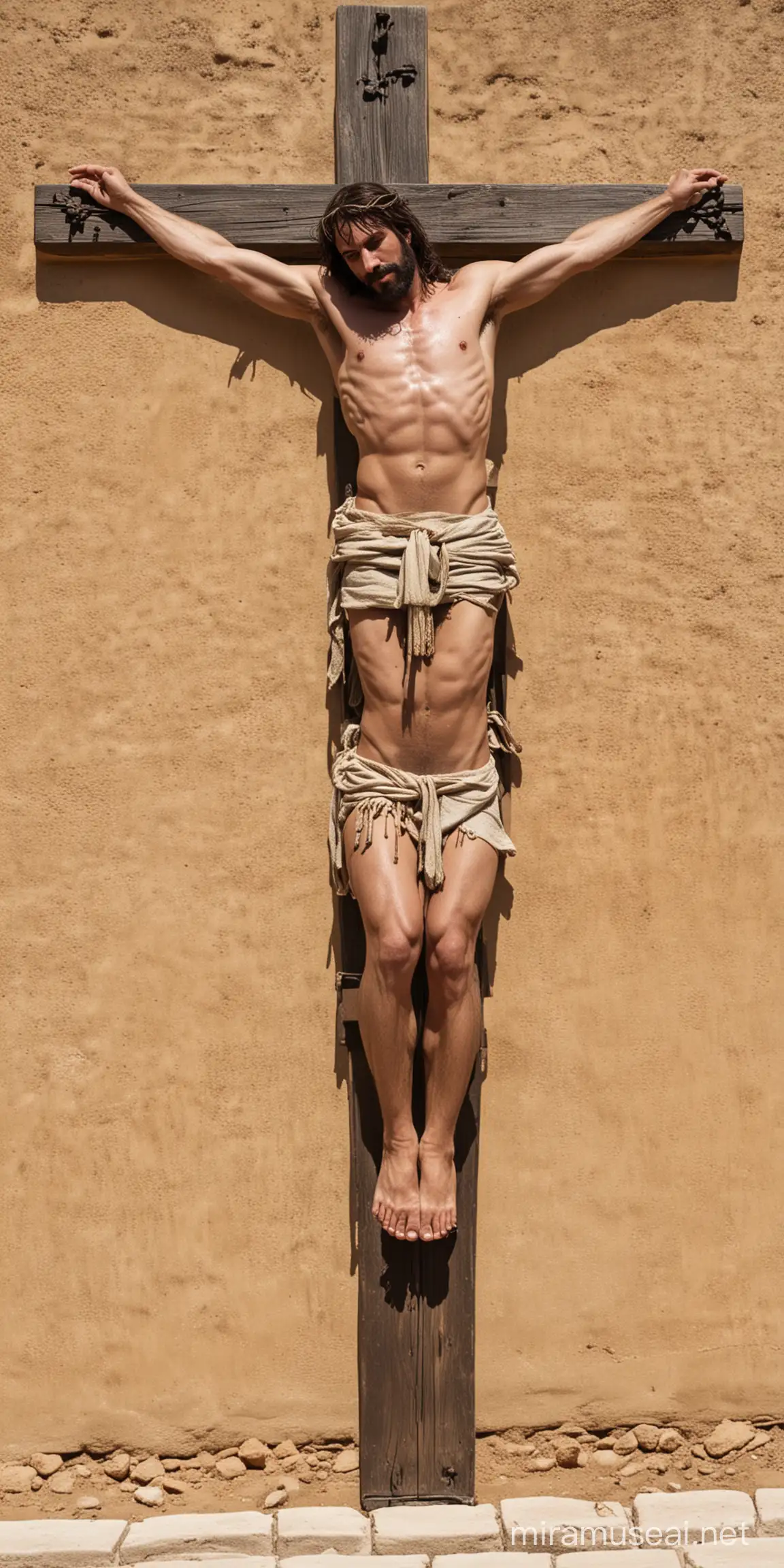 Passionplay with 3 crosses, jesus crucified in the middle and 2 thieves on the left en right crosses, it is 40 degrees celcius, the crosses, the bodies are sweaty due to the warm weather, the men are shirtless and are wearing loinclothes, they are nailed to the crosses, the crosses are shown completely on the picrues